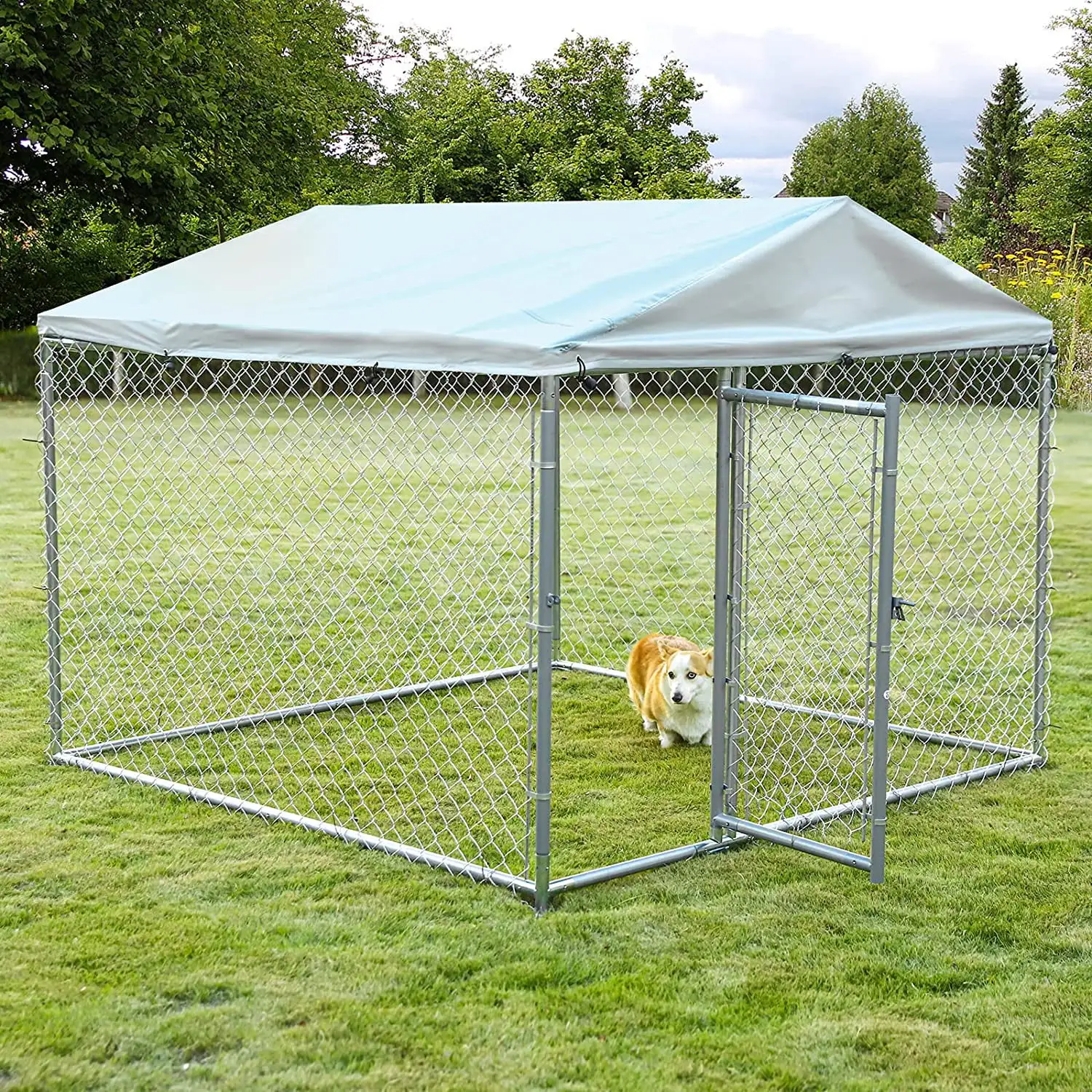 MEETWARM Large Outdoor Dog Kennel Heavy Duty Dog Cage Playpen Galvanized Steel Pet Fence with Fully Enclosed Waterproof UV-Resistant Cover Roof. Stainless Steel Zip Ties and Secure Lock