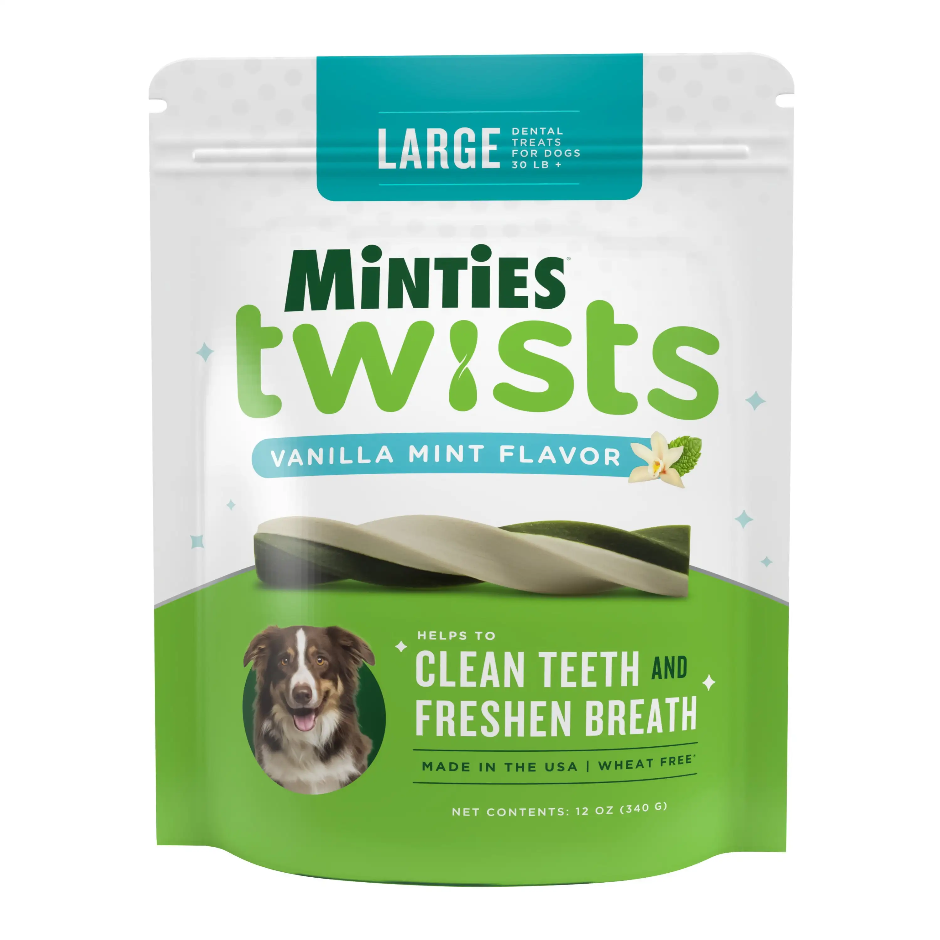 MINTIES Twists Dog Dental Chews for Medium/Large Dogs over 30 lbs. Vanilla and Mint Flavor. 12 oz