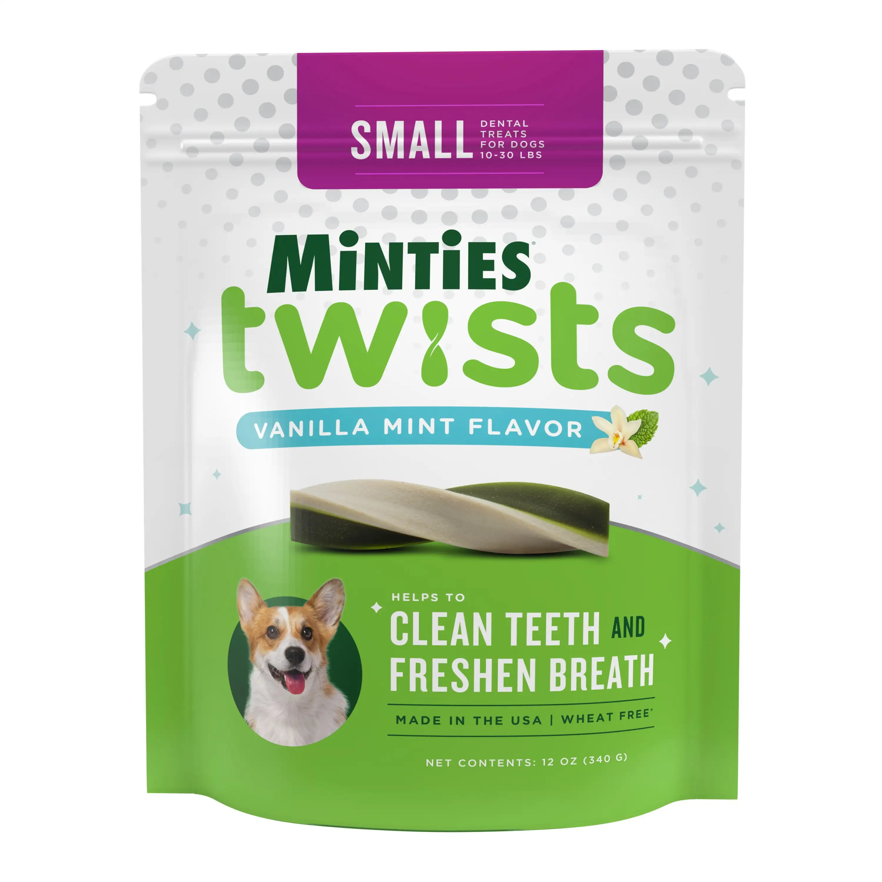 MINTIES Twists Dog Dental Treats for Small Dogs 10-30 lbs. Vanilla and Mint Flavor. 12 oz