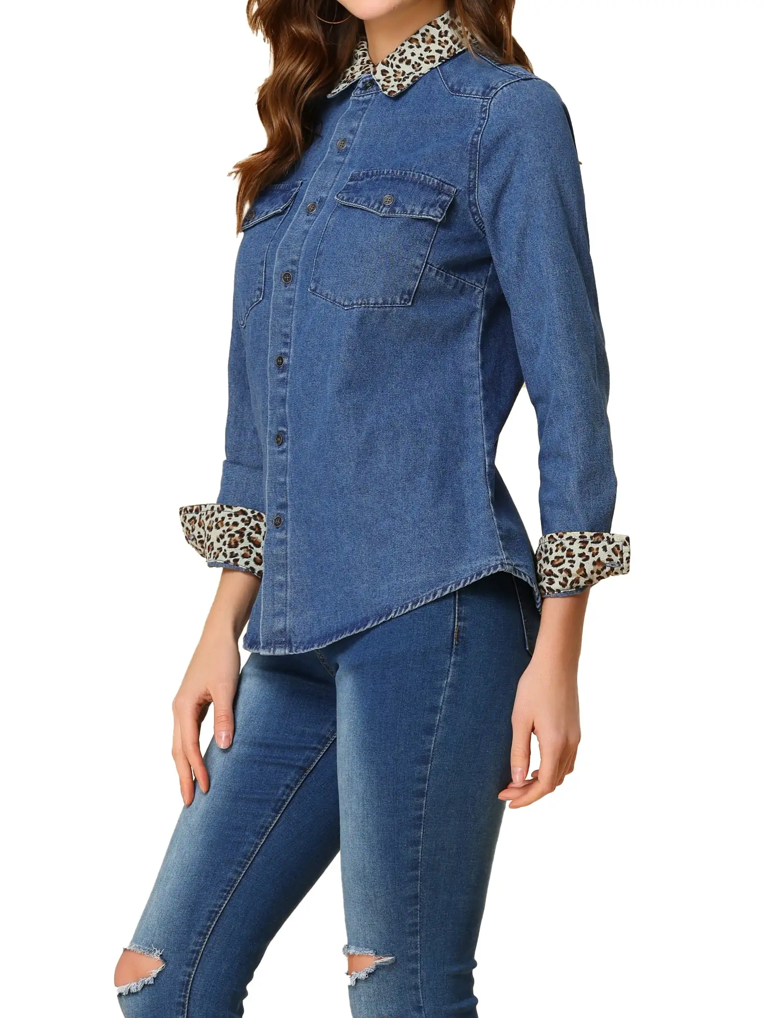 MODA NOVA Juniors Leopard Button up Long Sleeves Short Denim Shirt with Pockets Light Blue XL