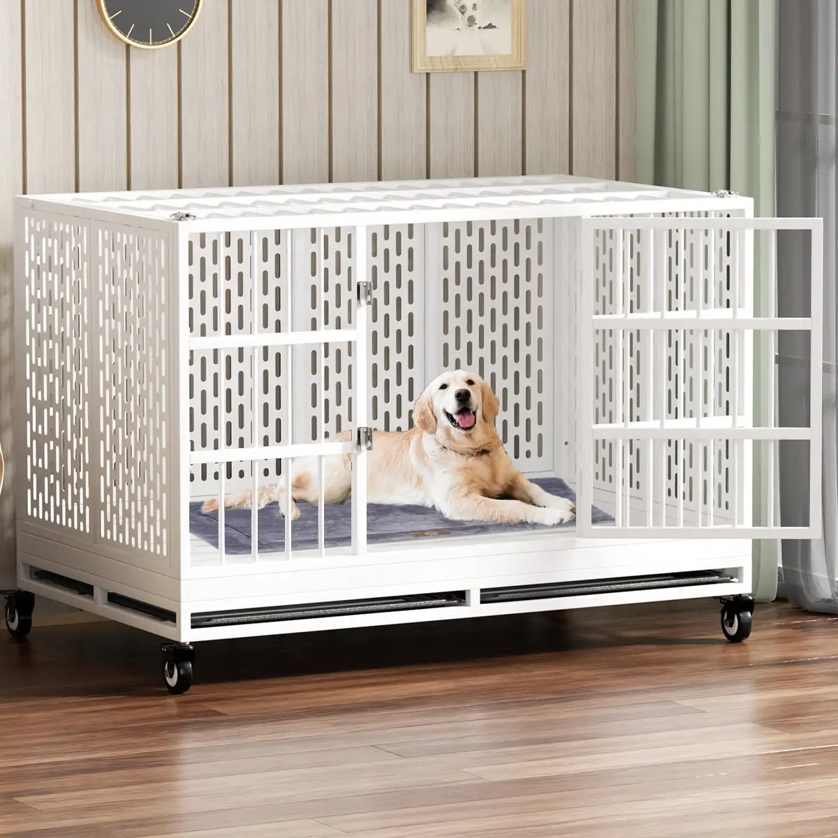 MOLYHOM 48 Inch Heavy Duty Dog Crate with Wheels. Folding Metal Big Dog Cage for Large and Medium Dogs. Extra Large XL XXL Indestructible Dog Crate with Removable Tray.