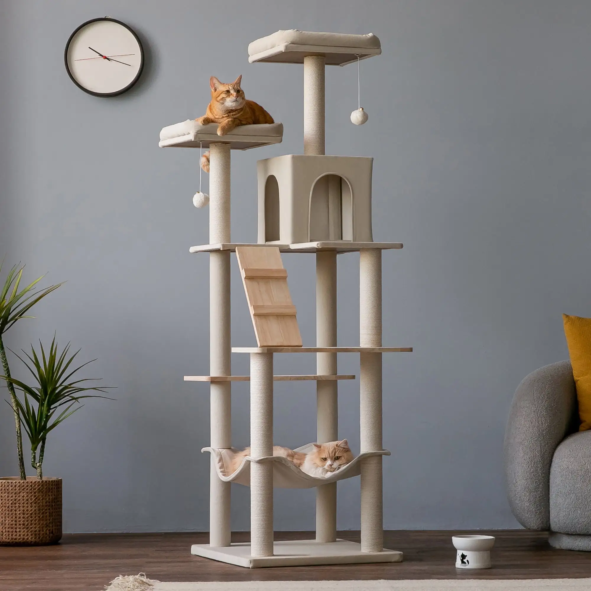 MWPO 69-in Wood Cat Tree Modern Cat Tower with Condo. Hammock and Scratching Posts. Beige