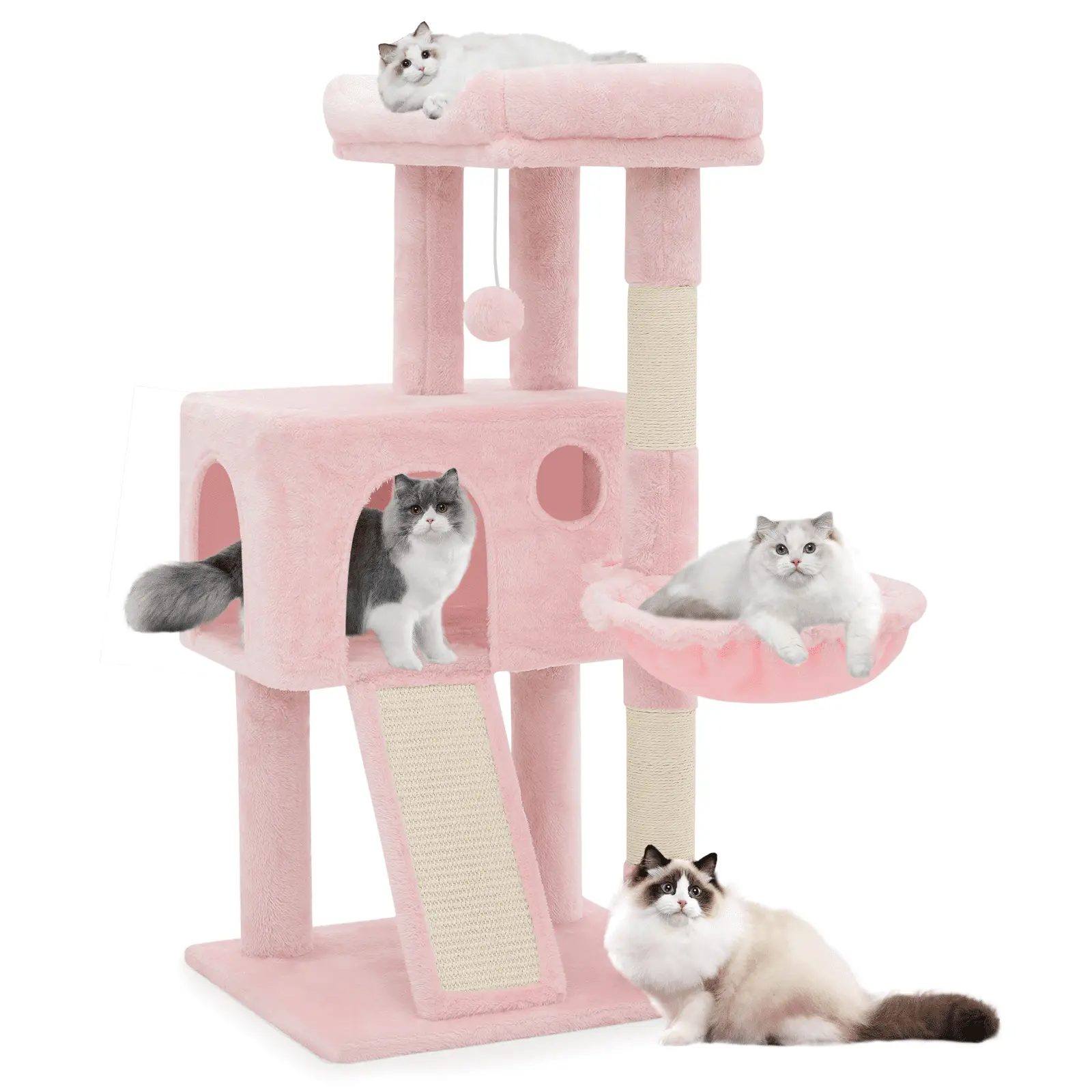 Magshion 36 Small Cat Tower. Cat Tree with Sisal Scratching Posts/Ramp and Hammock. Soft Pink