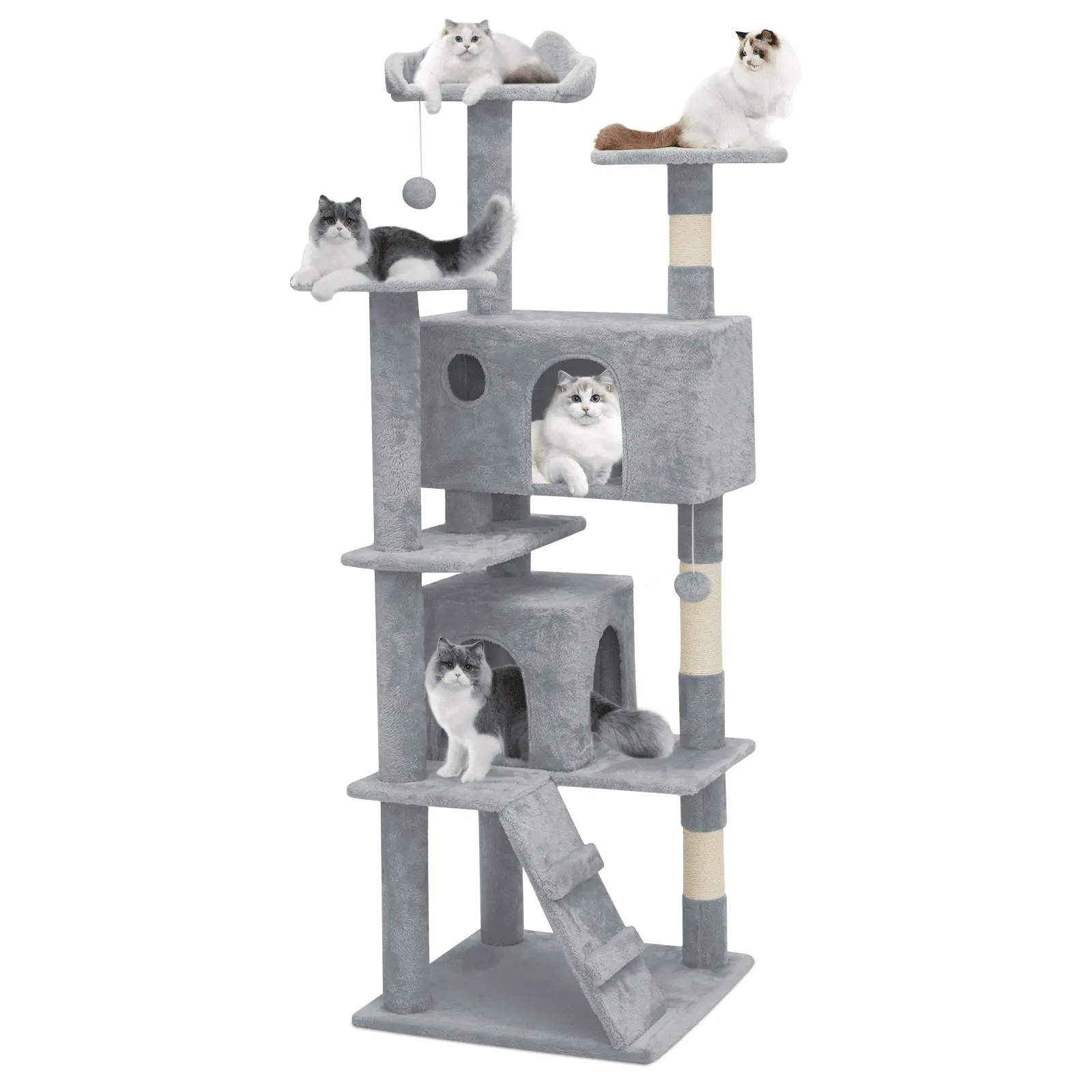 Magshion 60 Multi-Level Cat Tree Tower with Caves. Gentle Ramp. and Pompoms for Indoor Cats. Light Gray