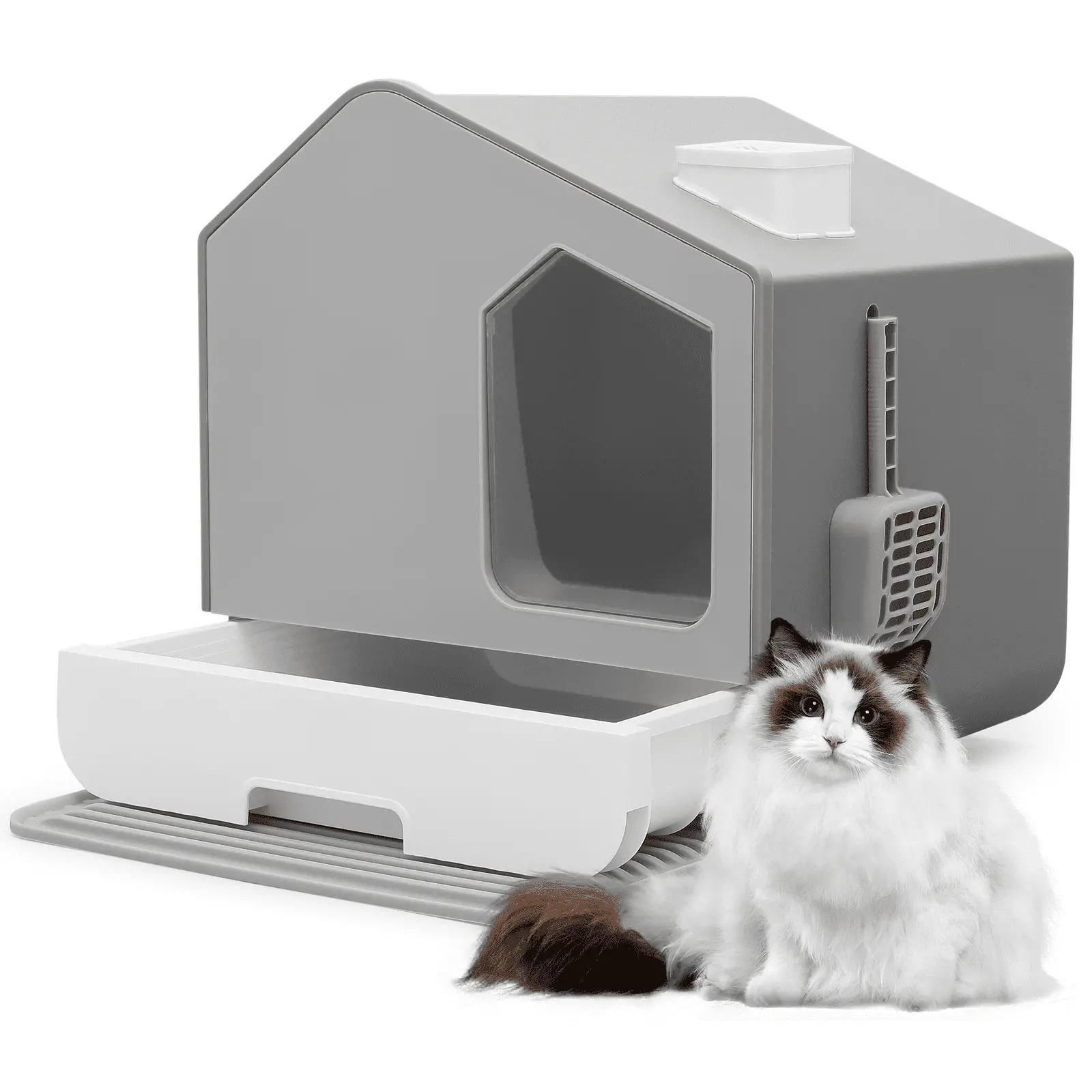 Magshion Enclosed Cat Litter Box with Scoop. Large Cat Litter House with Anti-Splashing Drawer Tray. Front Entry Cat Potty Toilet with Litter Mat. Grey