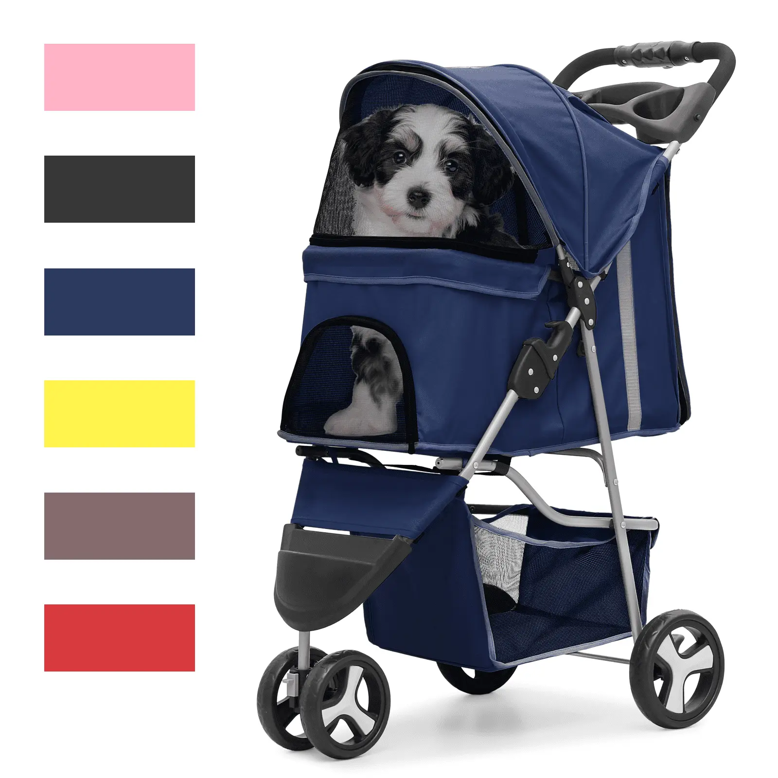 Magshion Foldable Pet Dog Stroller with Wheels. Cat Dog Stroller with Storage Basket and Cup Holder for Small and Medium Cats. Dogs. Puppy. Navy Blue