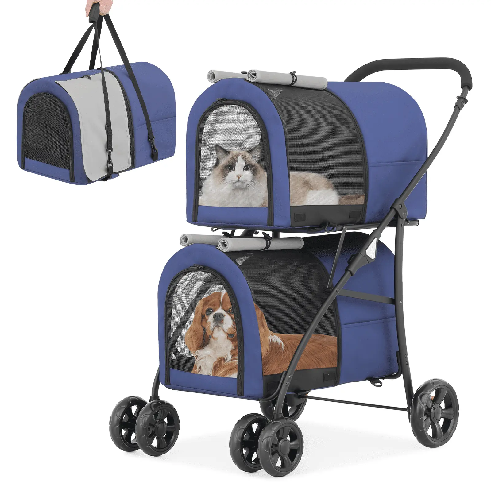 Magshion Folding Double Dog Stroller for 2 Dogs. 4-in-1 Pet Stroller for Small Medium Dogs Cats. Navy Blue/Gray