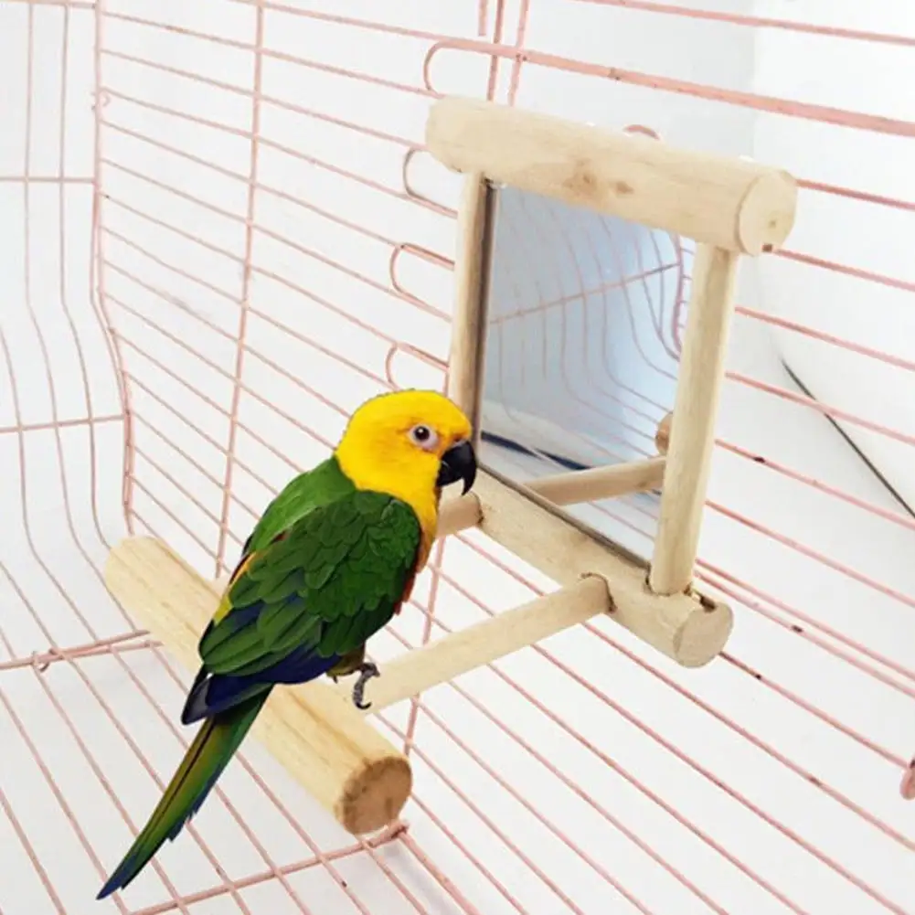 Mairbeon Funny Wooden Bird Toy Mirror Stand Platform Toys for Parrots Cockatiel Vogel