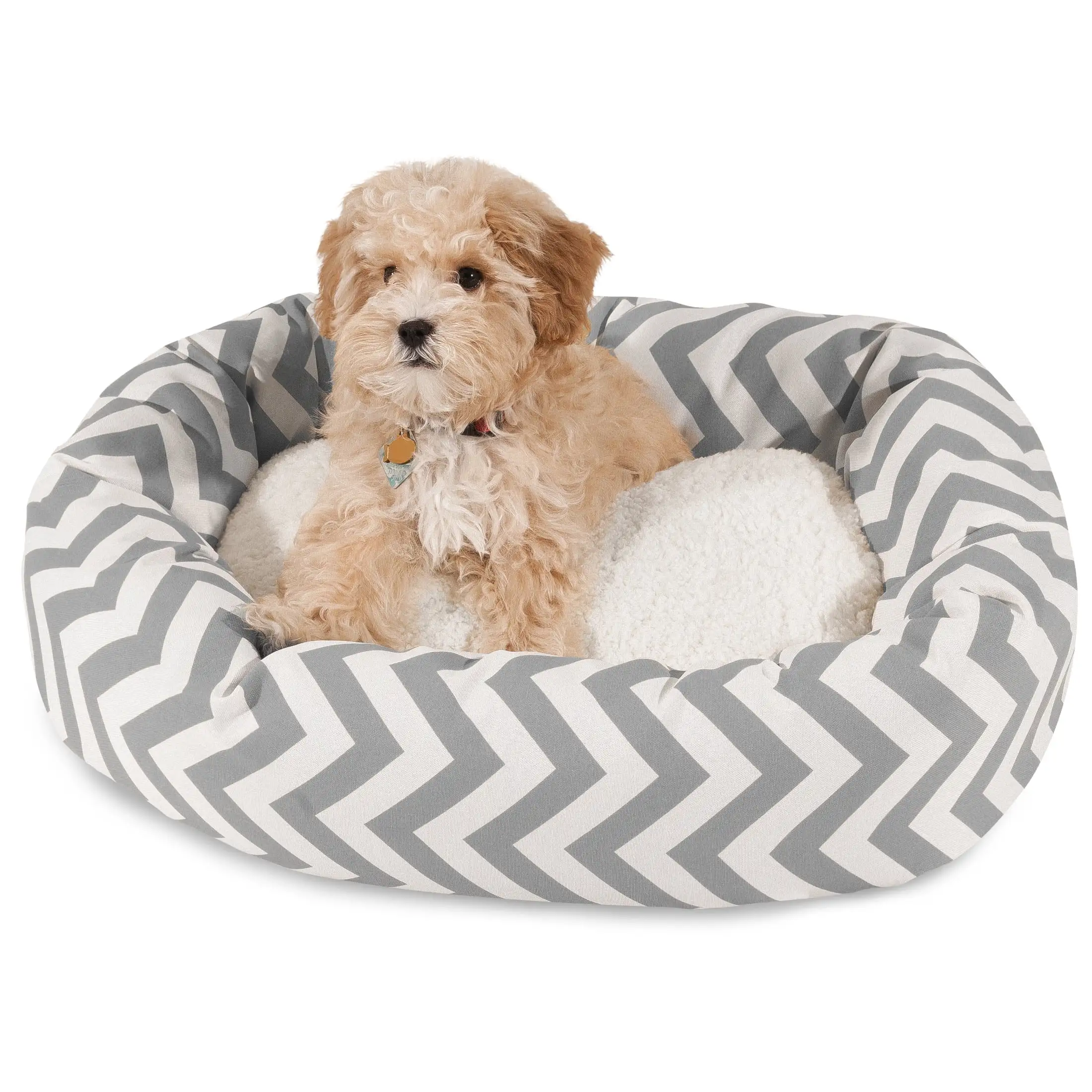 Majestic Pet Sherpa Chevron Bagel Pet Bed for Dogs. Calming Dog Bed Washable. Small. Grey