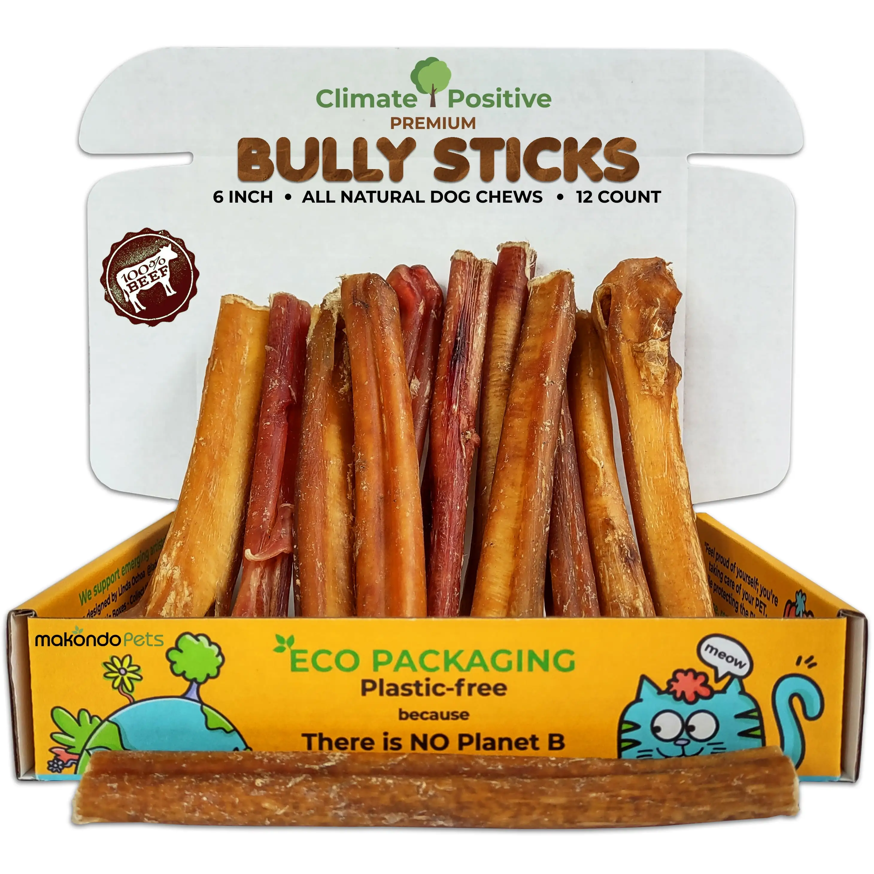 Makondo Pets Climate Positive Bully Sticks 100% Natural Beef Flavor Dog Chews. 6 Premium Healthy Dog Treats for Training Suitable for Puppies & Adults. Zero Filler or Preservatives. 12Pcs 340