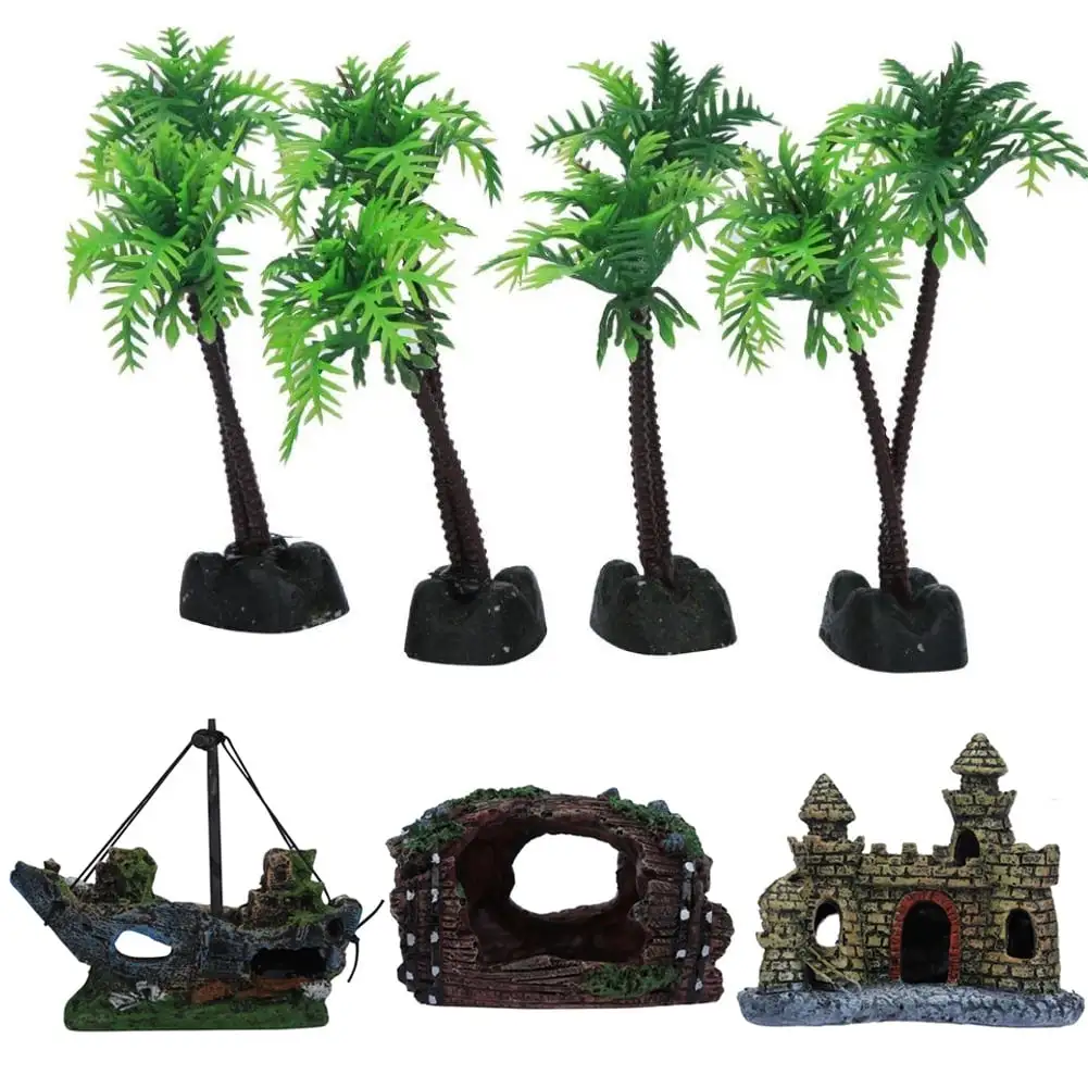 Mdesiwst Fish Tank Aquarium Landscaping Artificial Barrel Plant Castle Ships Ornaments