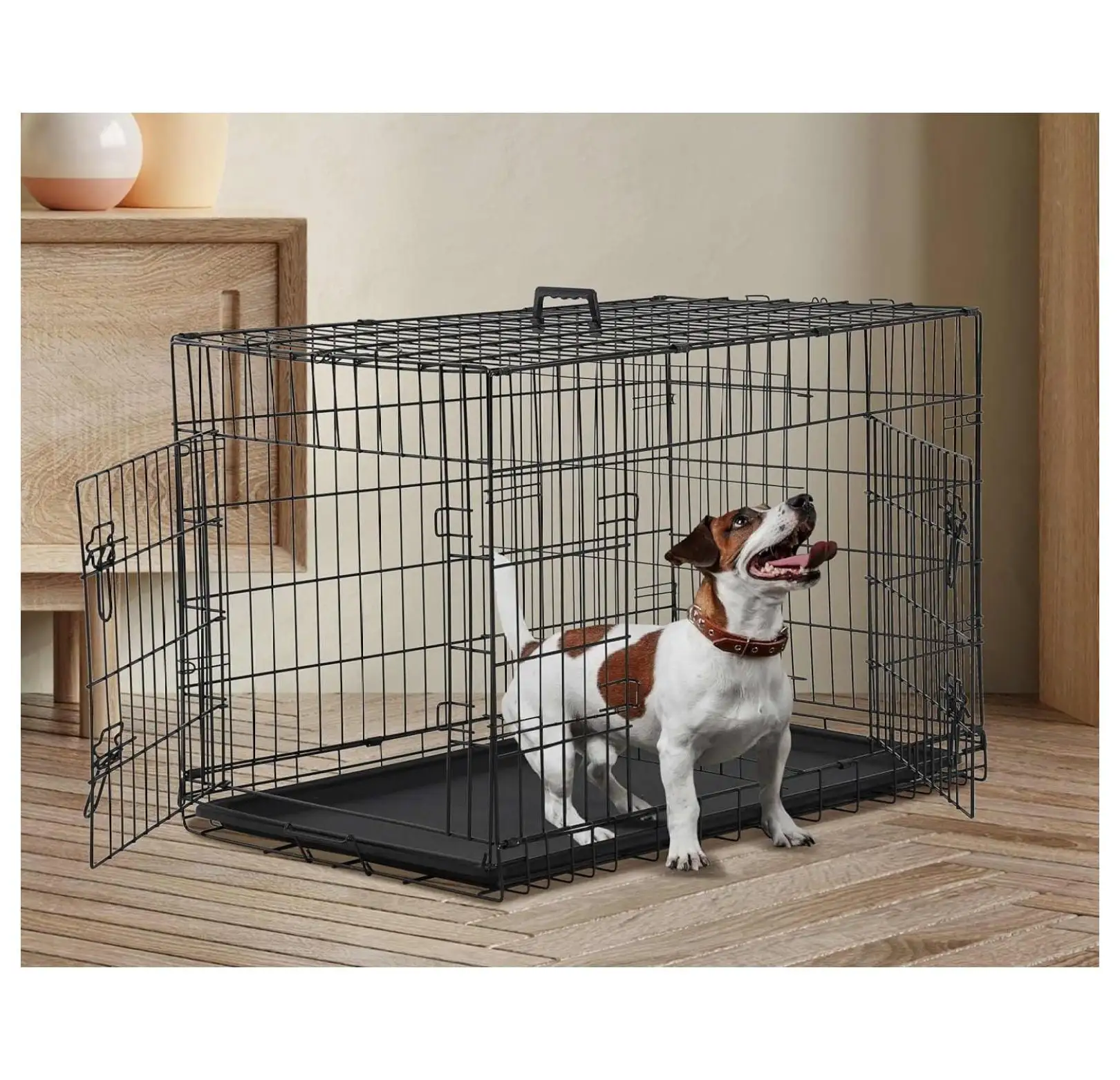 Medium Dog Crate. 30 Inch. Black. Folding Metal Puppy Crate with Tray. Wire Dog Crate Double Door and Divider Panel. Indoor Outdoor Use