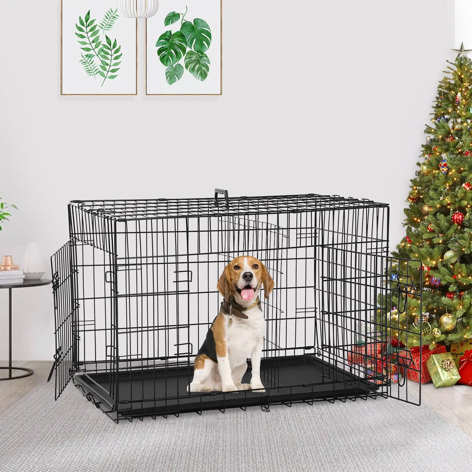 Medium Dog Crate Dog Kennel Indoor/Outdoor Dog Cage. 36 inch Metal Pet Crate with Plastic Tray and Handle and Double-Door Folding Puppy Crate for Small Medium Dogs. Black