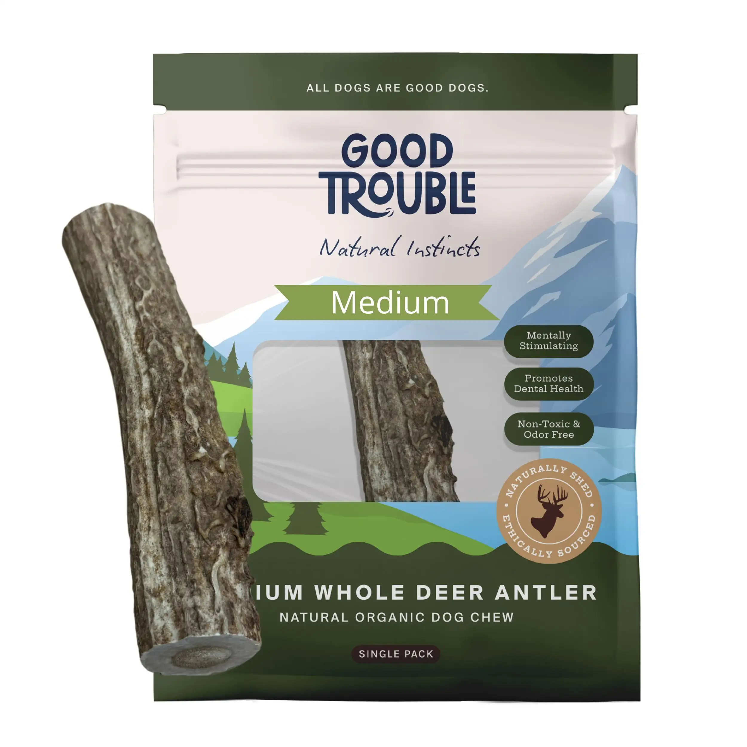 Medium Whole Premium Wild Deer Antler Bone for Dogs by Good Trouble Pets