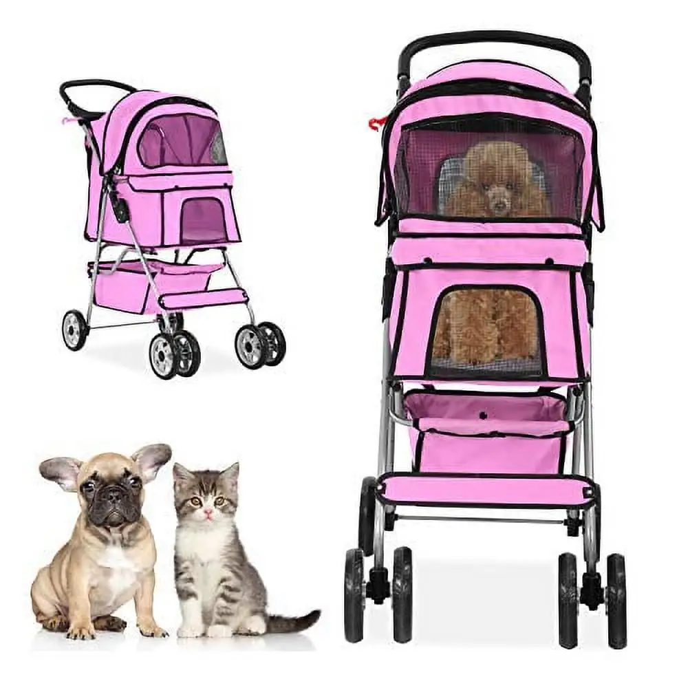 MeetPerfect 4 Wheels Travel Stroller Pet Stroller Dog Cat Pushchair Trolley Puppy Jogger Folding Carrier Carriage with Storage Basket for Small Medium Dogs & Cats- Pink