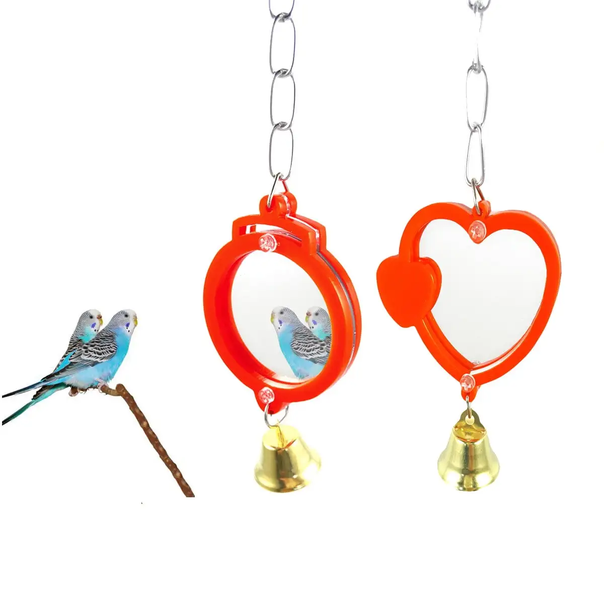 Meidiya 2Pcs Bird Mirrors with Bell.Parrot Hanging Round/Heart Shape Mirrors Interactive Playing Toy for Cockatiel Parakeets Canaries Budgie Cage Accessories