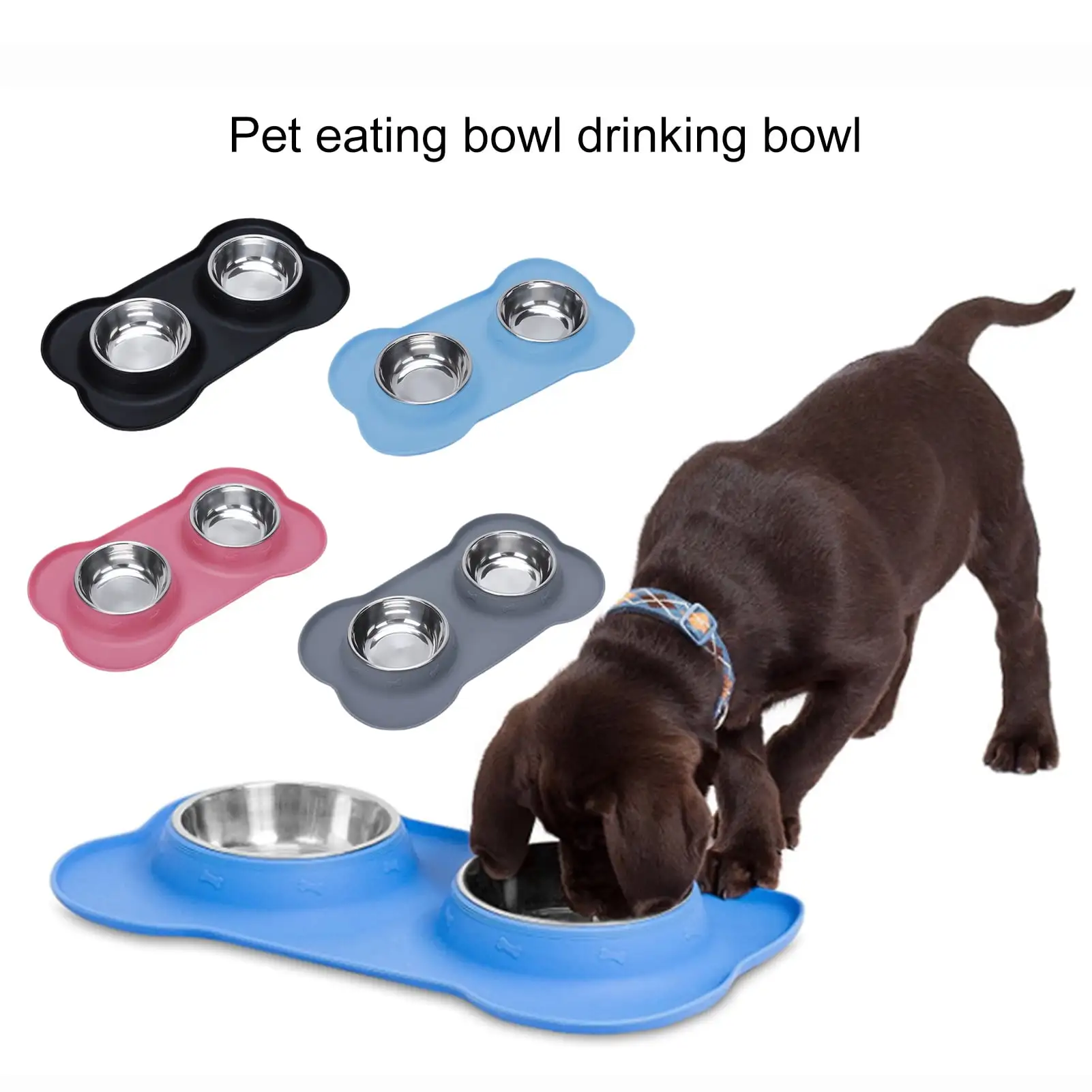 Meijuhuga Pet Bowl Convenient Spill-proof Dog Double Bowl Silicone Mat Easy to Clean Cat Food Water Bowl Pet Supply