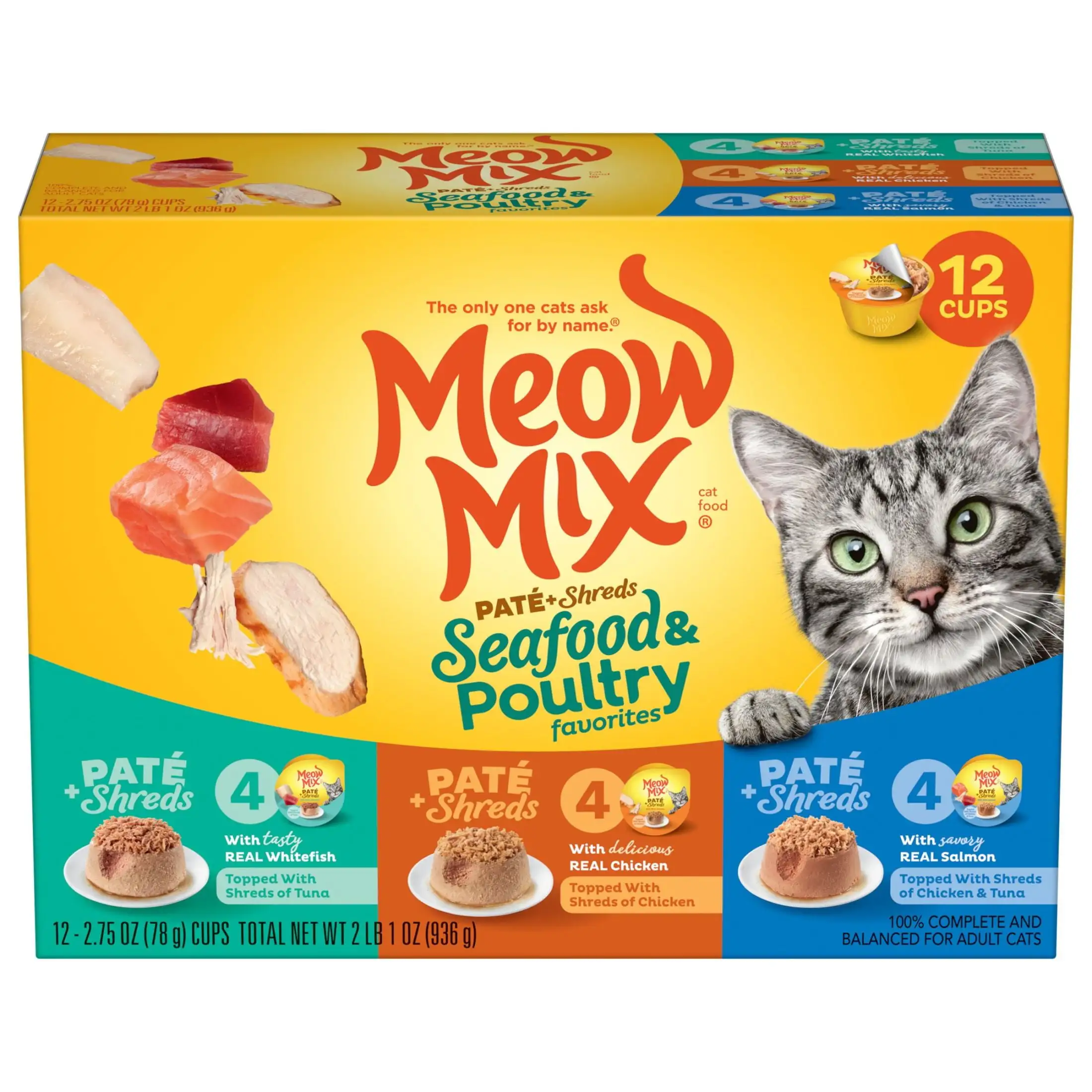 Meow Mix Pate Toppers Seafood & Poultry Variety Pack Wet Cat Food. 12 Cups