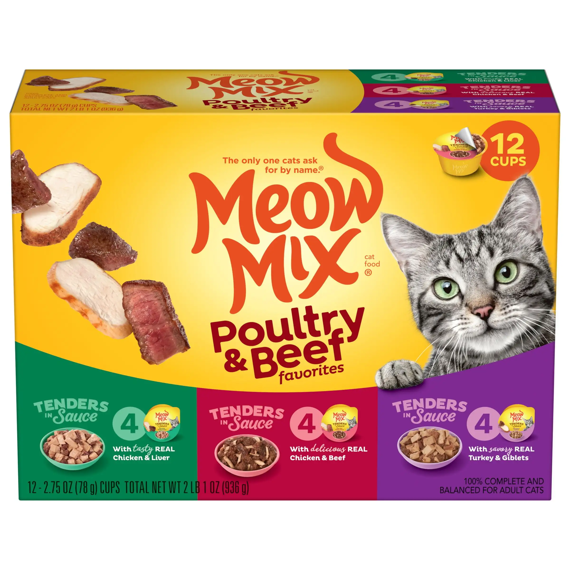 Meow Mix Tender Favorites Poultry & Beef Wet Cat Food Variety Pack. 2.75-Ounce Cups (Pack of 12)