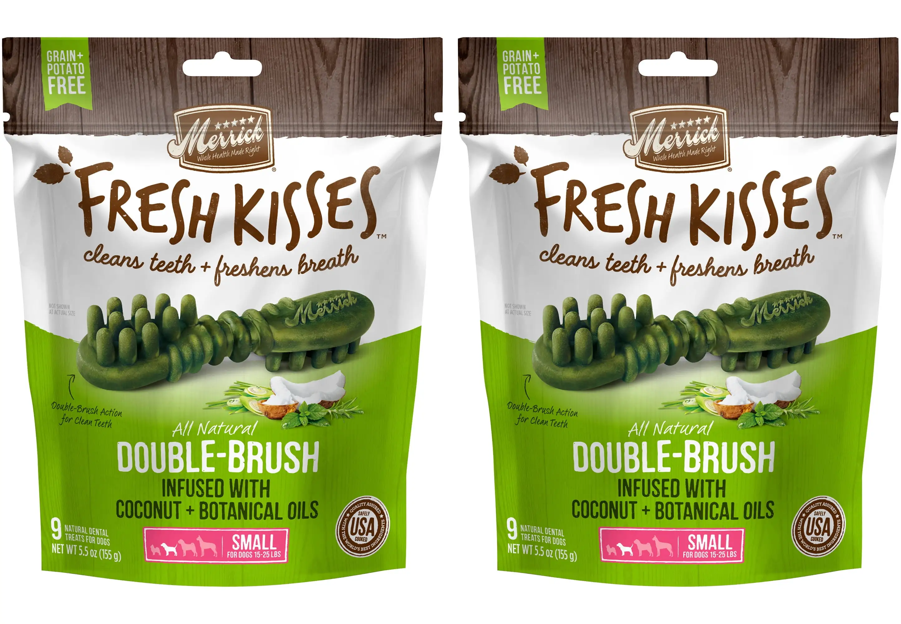 Merrick Fresh Kisses Coconut Botanical Oils Dental Dog Treats For Small Dogs. 5.5 oz. 9 Brushes. (2-Pack)