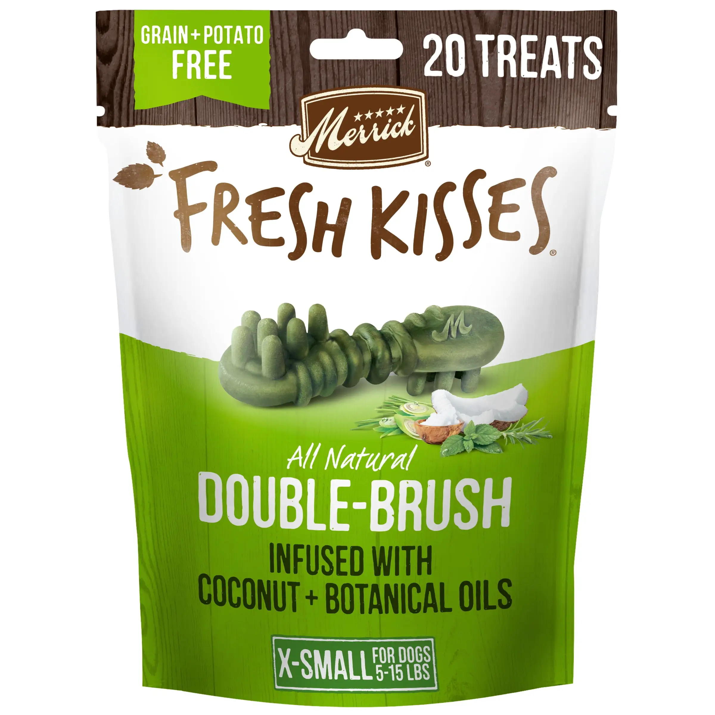 Merrick Fresh Kisses Dog Dental Chews For Extra Small Breeds. Grain Free Dog Treats. Coconut. Botanical Oils. 6.0 OZ Bag