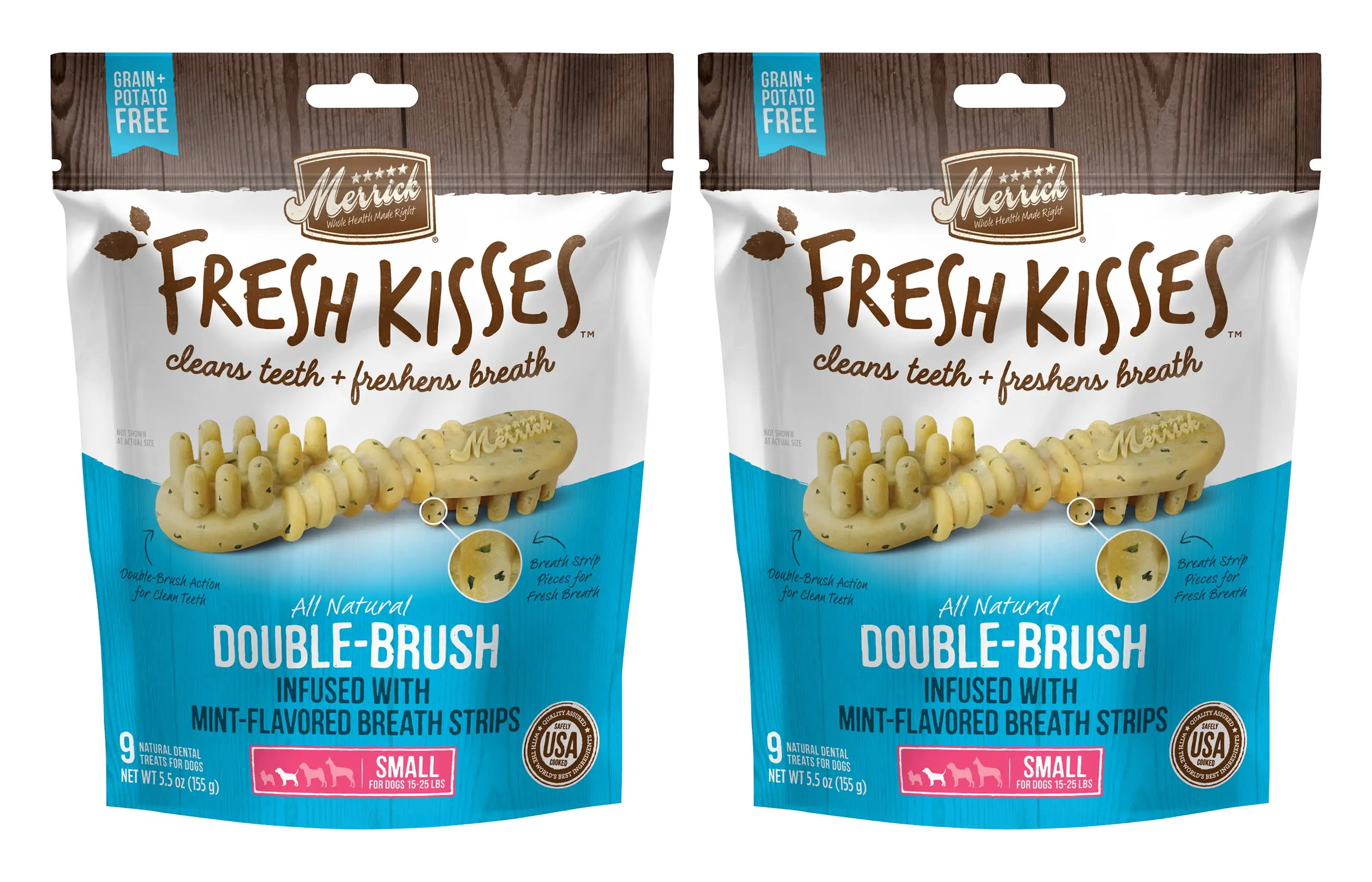 Merrick Fresh Kisses Double-Brush Dental Dog Treats With Mint Breath Strips For Small Dogs. 9 Brushes. 5.5 oz (2-Pack)