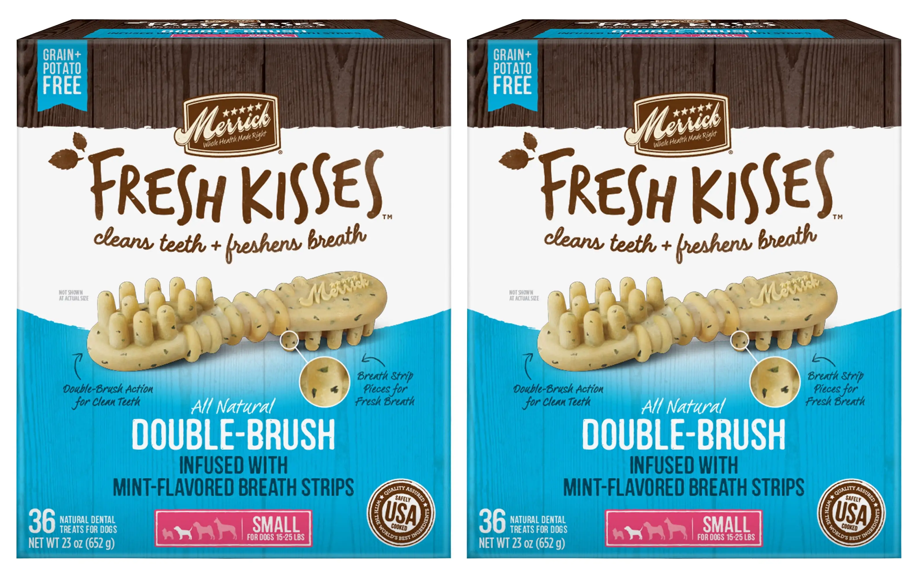 Merrick Fresh Kisses Double-Brush Dental Dog Treats with Mint Breath Strips. 36 Brushes (Pack of 2)