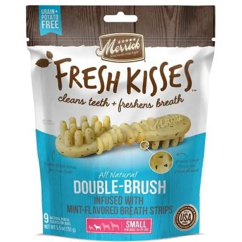 Merrick Fresh Kisses Grain-Free Mint Breath Strips Small Brush Dental Dog Treats. 9 Ct