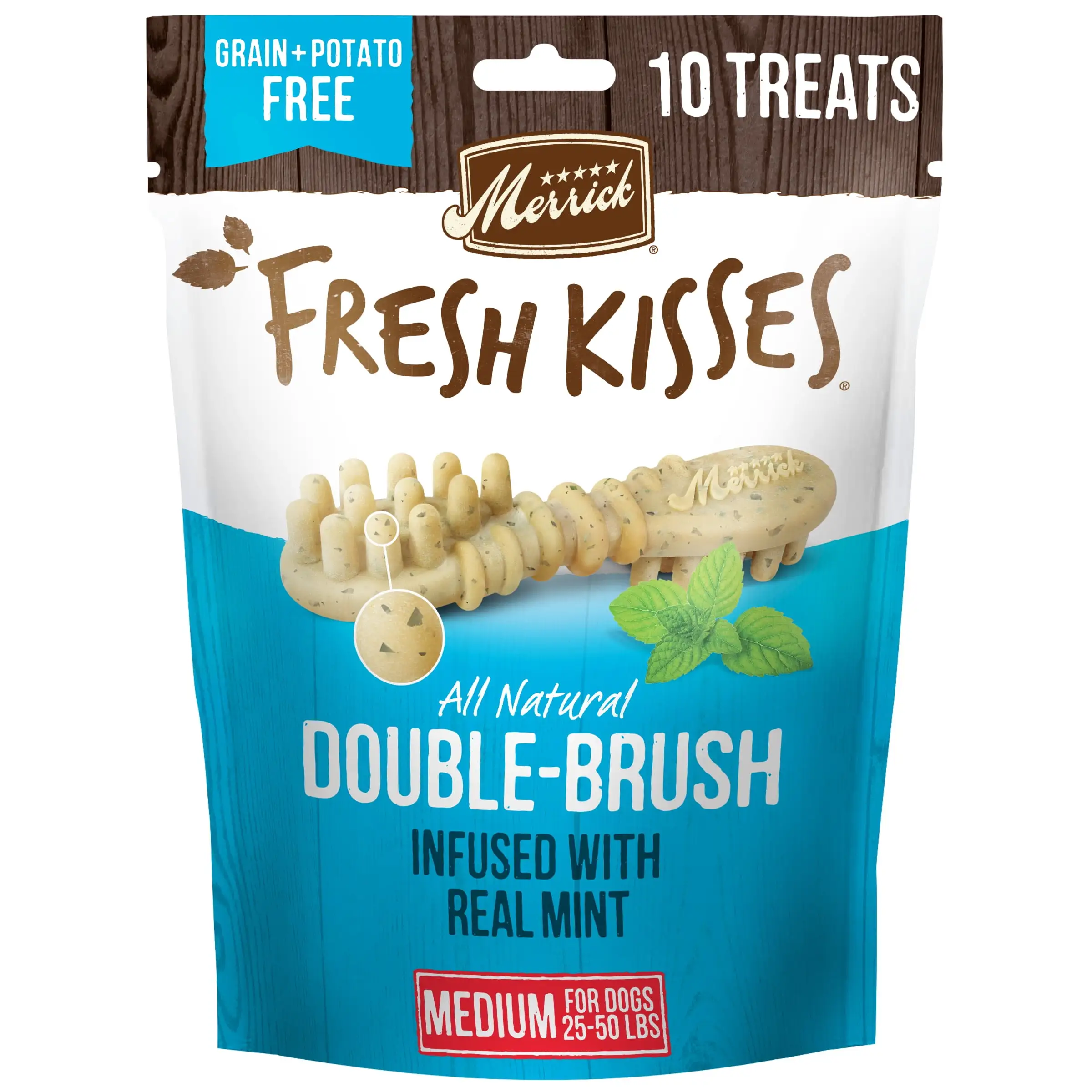 Merrick Fresh Kisses Natural Dental Chews Toothbrush Shape Treat Infused With Real Mint Medium Dogs. 10.0 oz. Bag