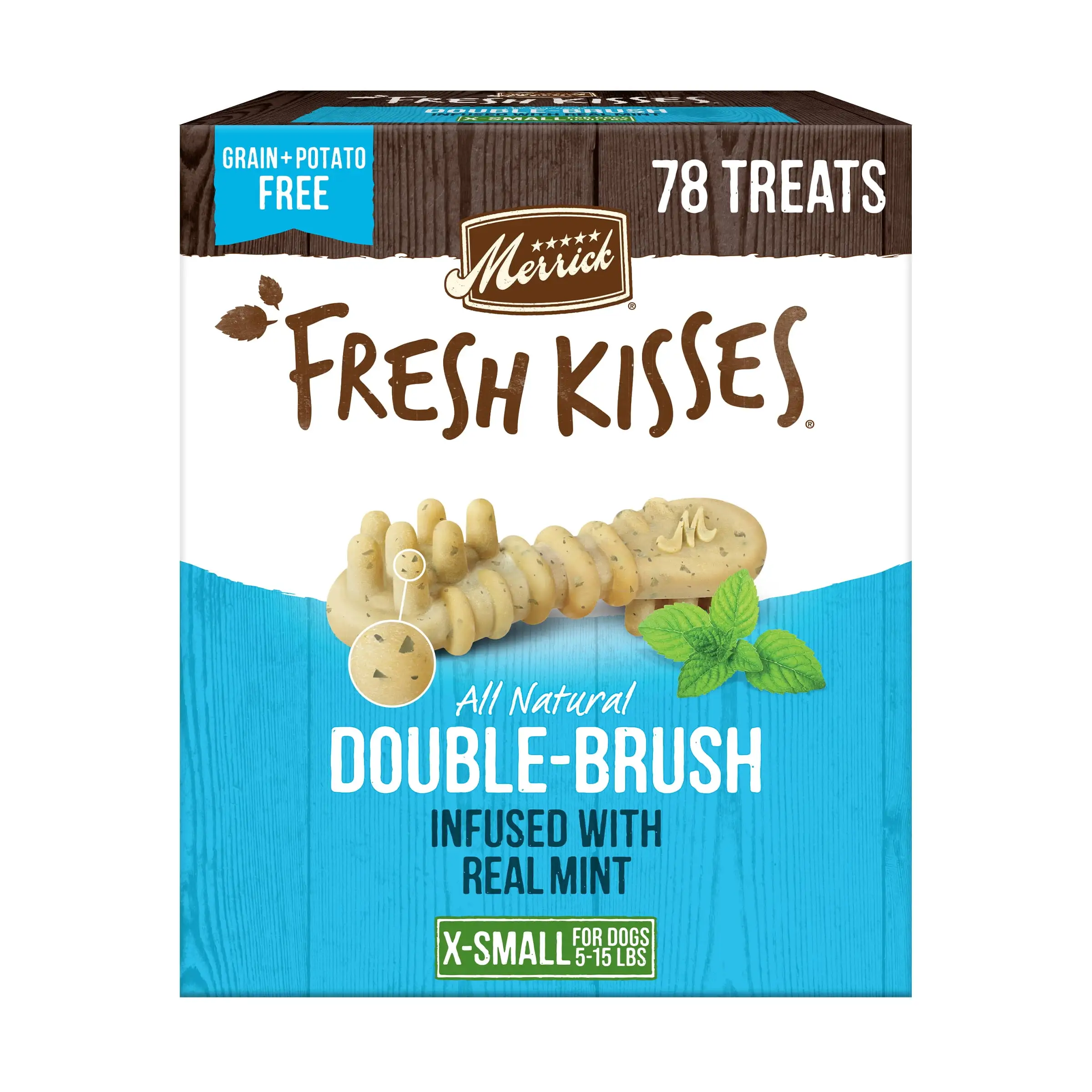 Merrick Fresh Kisses Natural Dental Chews Toothbrush Treat Shape Infused With Real Mint For Tiny Dogs 5-15 Lbs. 24.0 oz. Box