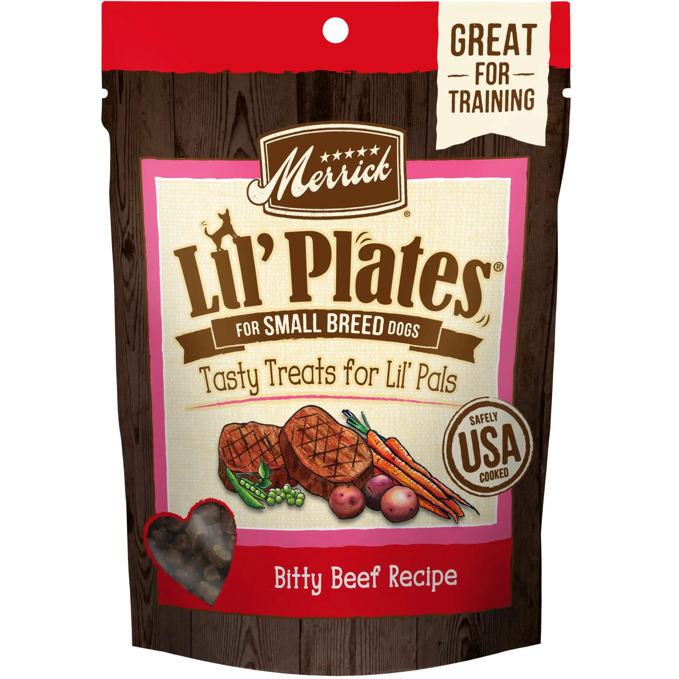 Merrick Lil' Plates Grain Free Small Dog Treats. Natural Training Treats For Small Dogs. Bitty Beef Recipe. 5 oz. Pouch