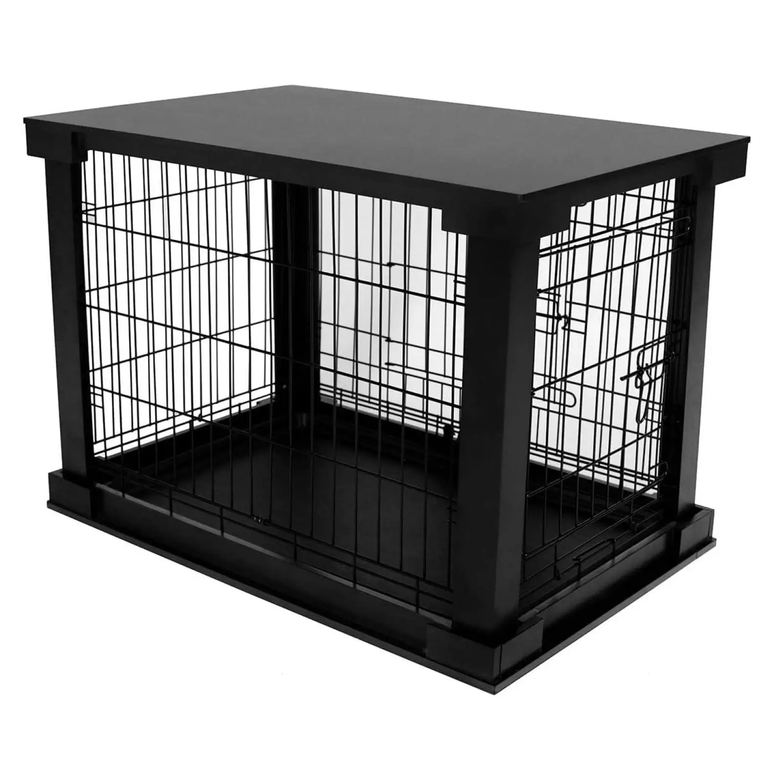 Merry Products 2 Door Decorative Pet Kennel with Wooden Protection Cover. Divider Insert. and Removable Tray End or Side Table. Black