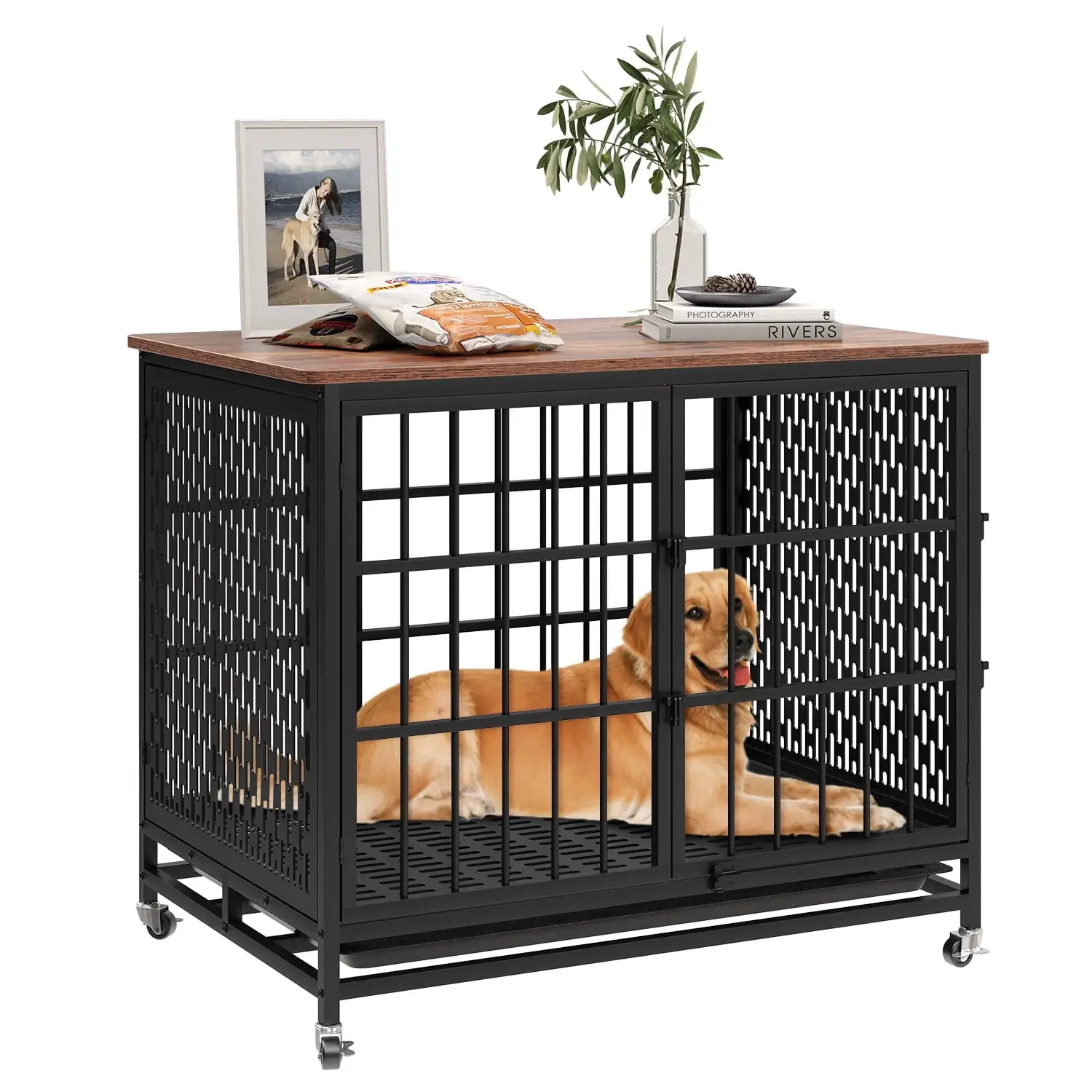 Meteorleg Large Dog Crate Furniture.42 Heavy Duty Wooden Dog Crate Kennel with 3 Door.Brown