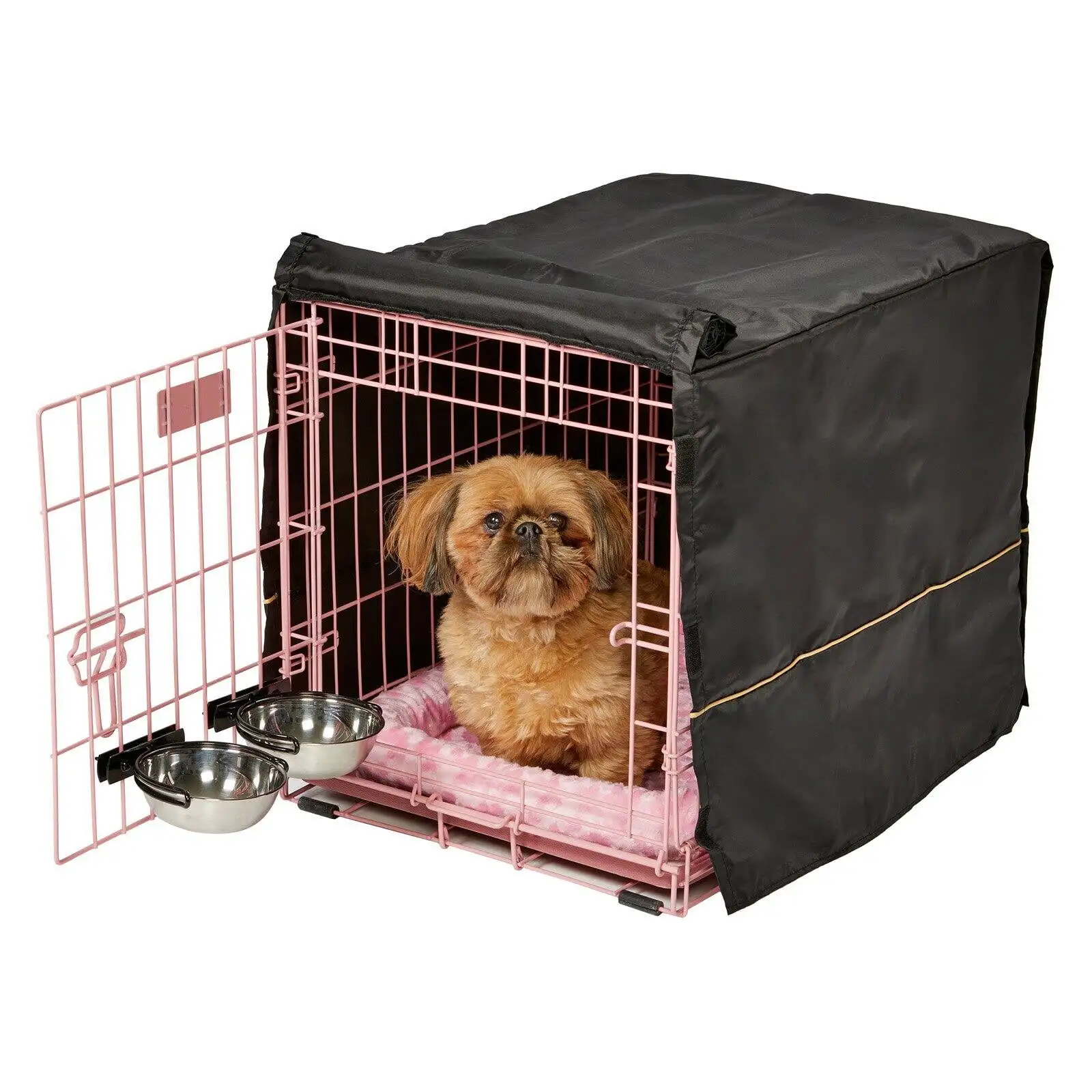 Midwest Homes for Pets iCrate Single Door Bundle Includes Cover and Bed and Bowls - Pink