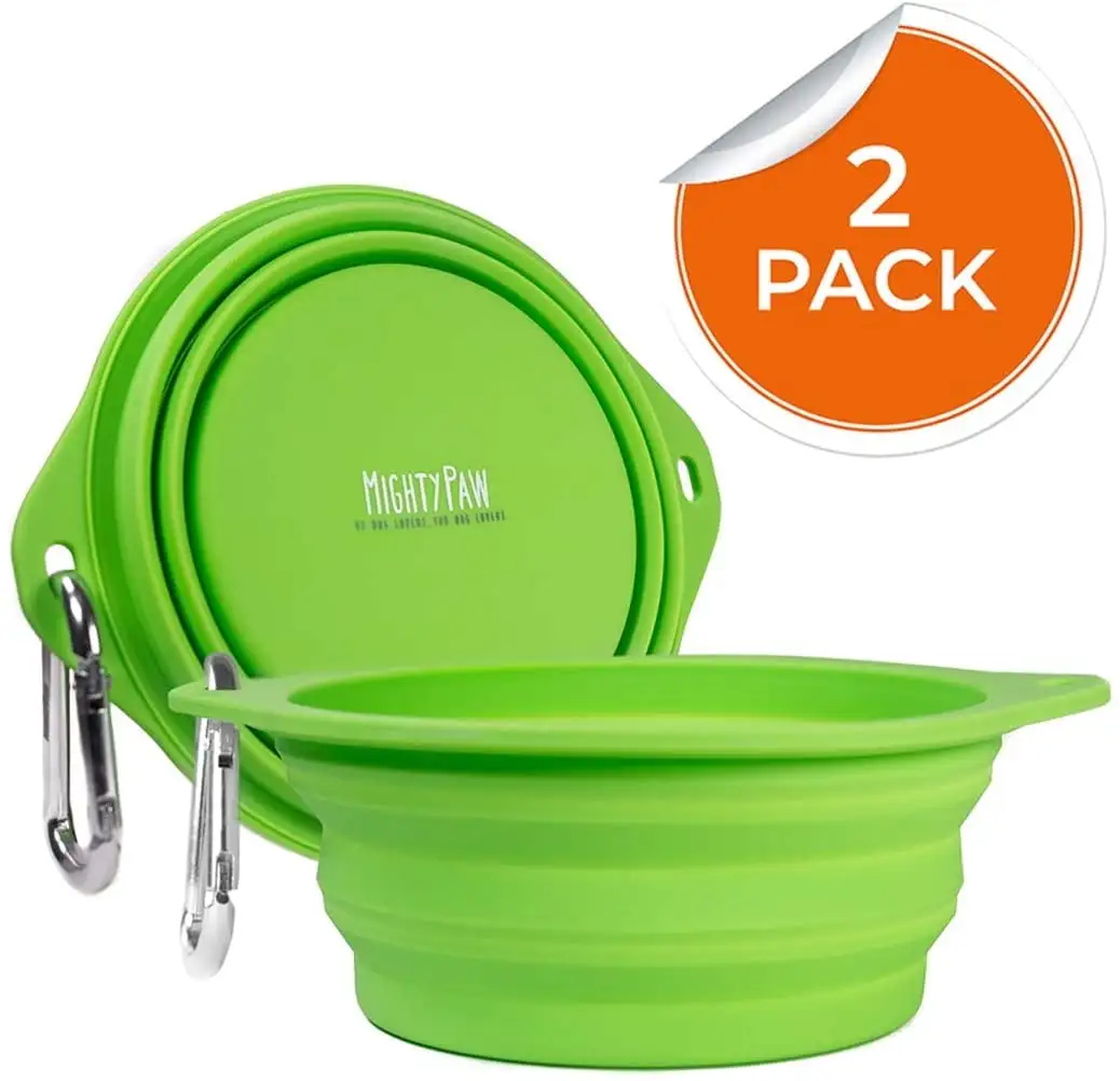 Mighty Paw Collapsible Travel Dog Bowl Set 2 Pack 27 Oz Food Safe Silicone Food and Water Bowls for Pets. Bonus Carabiner Clip for Hiking Camping or Walking. Lightweight and Leak-Proof