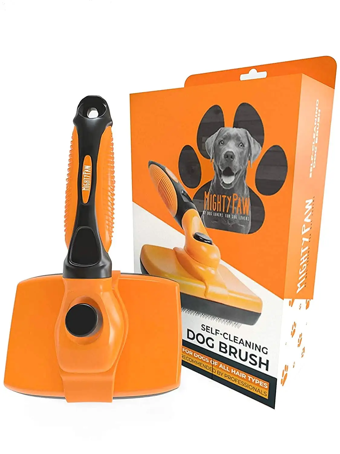 Mighty Paw Dog Grooming Brush. Durable Self-Cleaning Pet Brush. 100% Stainless Steel Soft Bent Bristles. Great For Removing Hair. Mats. & Tangles.