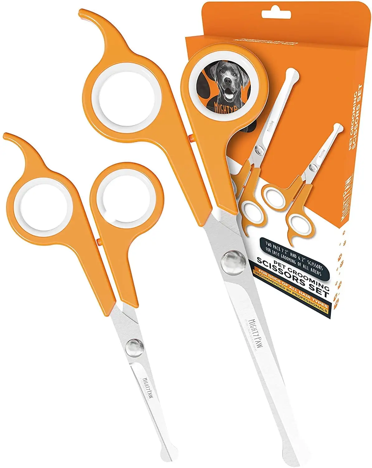 Mighty Paw Dog Grooming Scissors 2 Pack Professional Ergonomic Pet Grooming Scissors with Rounded Safety Tips and 2mm Sharp Stainless Steel Blades for Body Paw and Face Hair Trimming