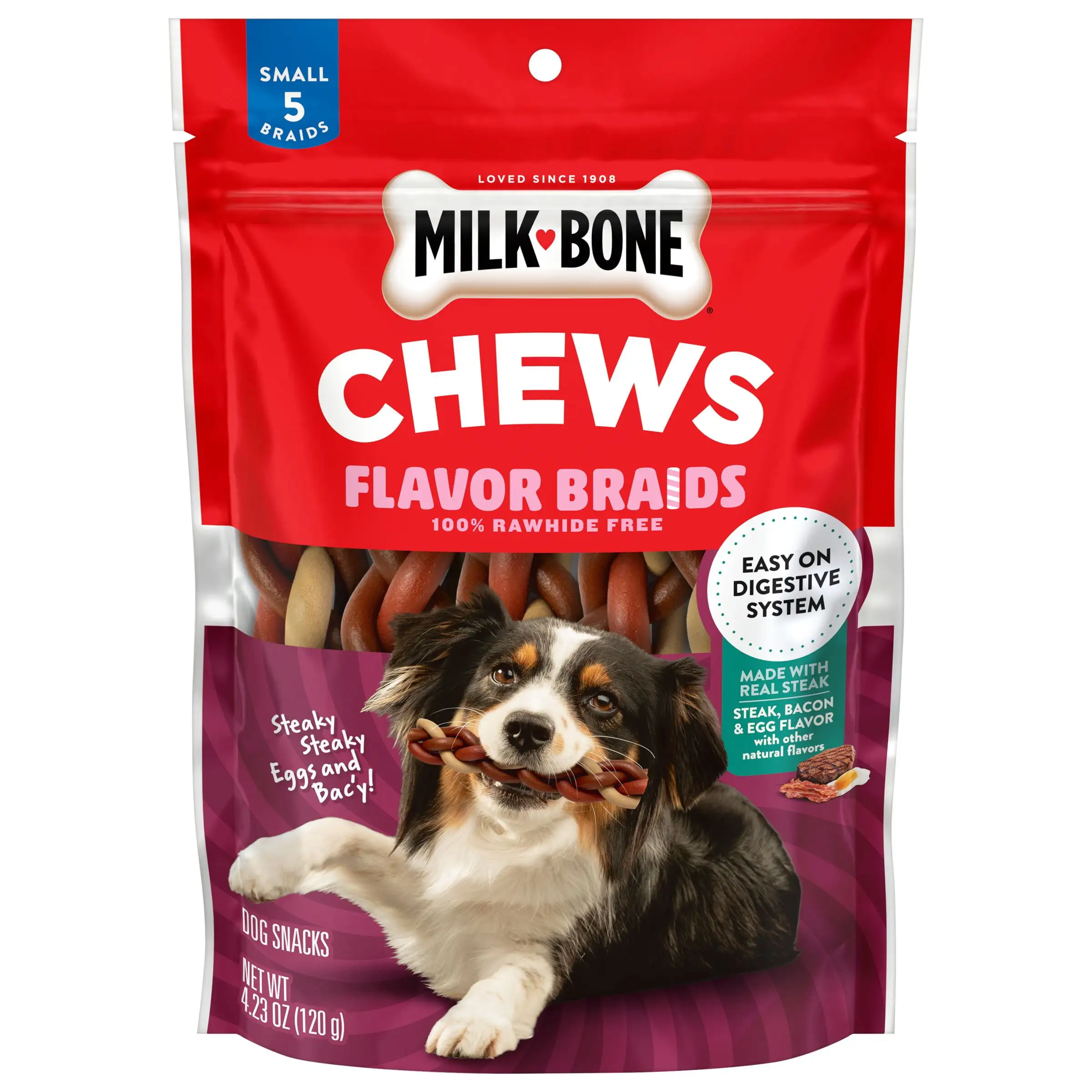 Milk-Bone Steaky Steaky Eggs & Bac??y Flavor Braids. Rawhide Free Dog Chews. Small Long-Lasting Dog Treats. Bag of 5