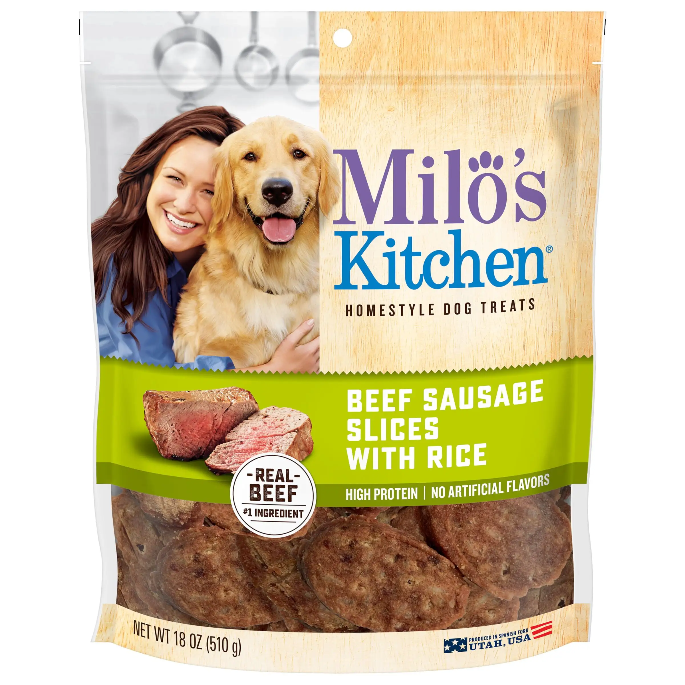 Milo's Kitchen Beef Sausage Slices With Rice Dog Treats. 18-Ounce Bag