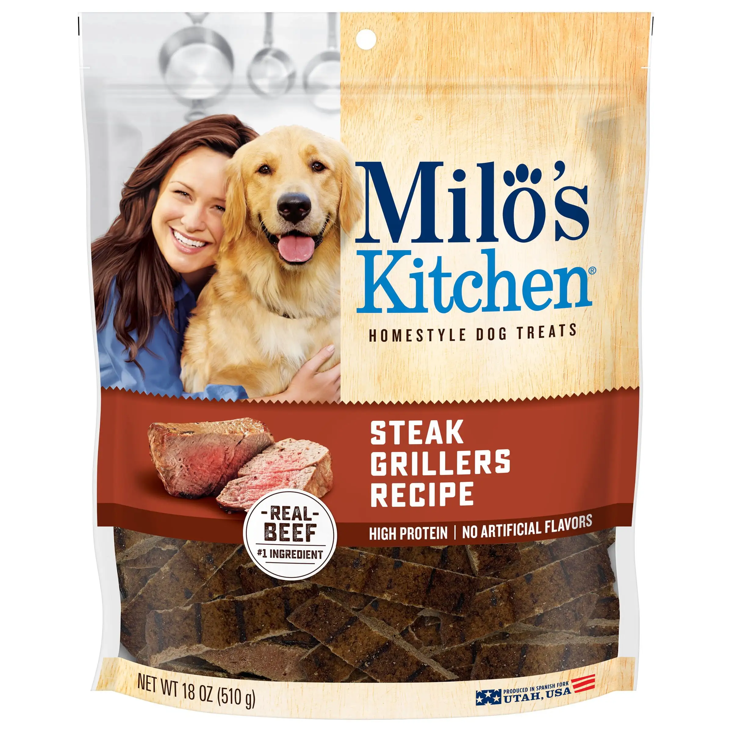 Milo's Kitchen Steak Grillers Beef Recipe With Angus Steak Dog Treats. 18-Ounce Bag