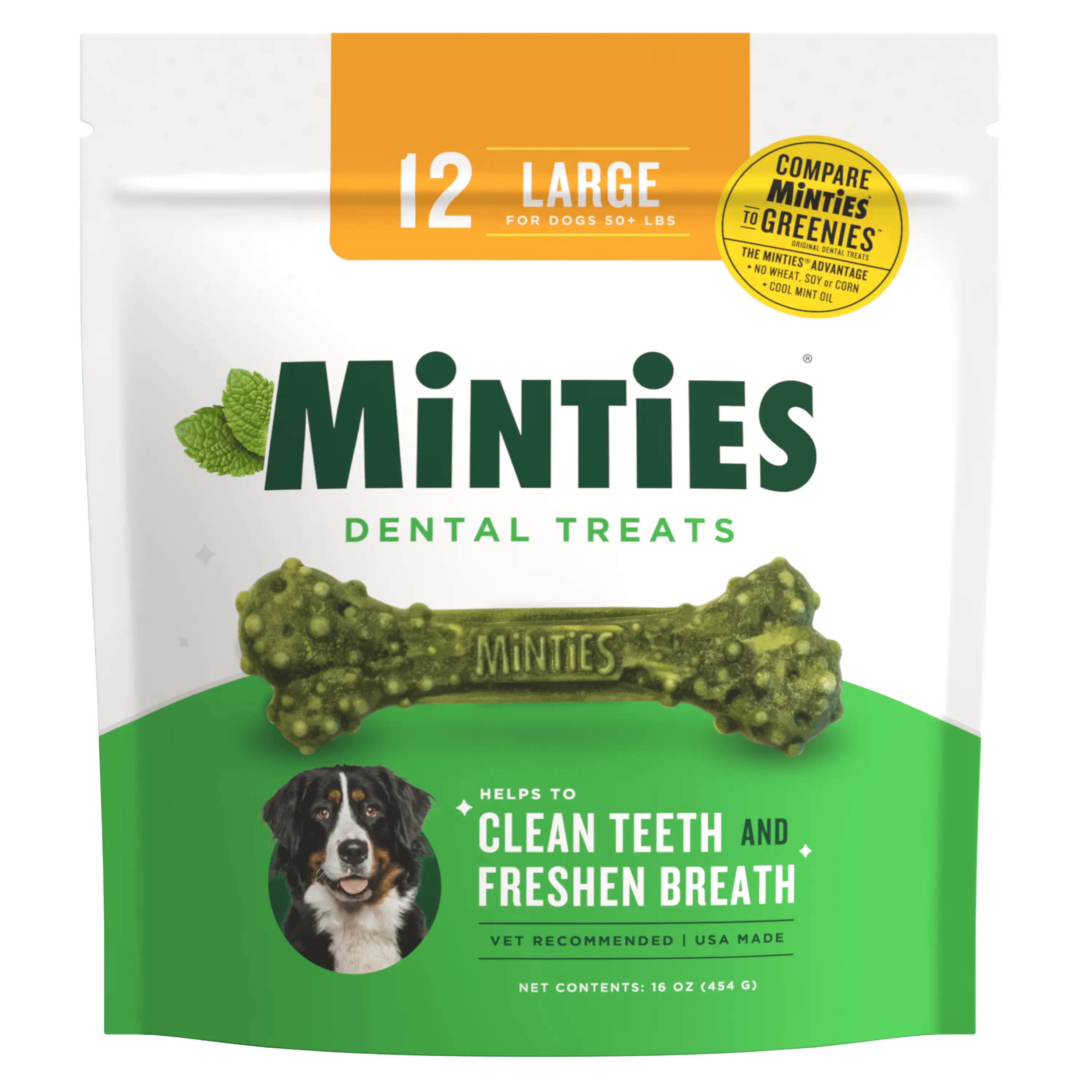 Minties Dental Bone Treats. Chews for Large Dogs over 50 lbs. 12 Count. 16 oz. Shelf-Stable