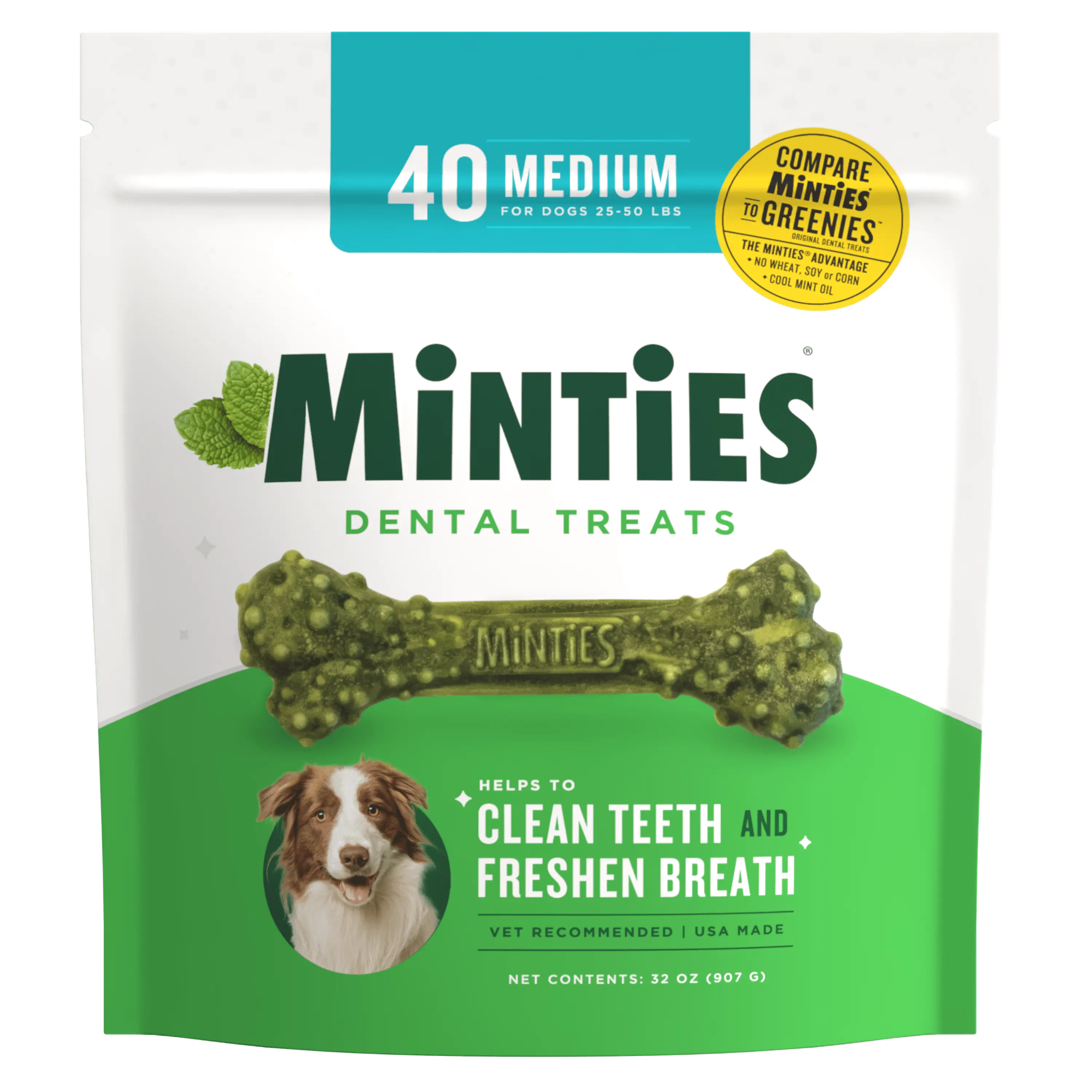 Minties Dental Bone Treats. Chews for Medium Dogs over 40 lbs. 40 Count. 32 oz. Shelf-Stable