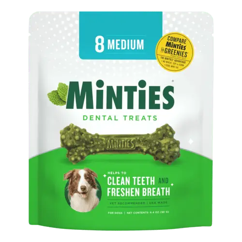 Minties Dental Bone Treats. Chews for Medium Dogs over 40 lbs. 8 Count. 6.4 oz. Shelf-Stable