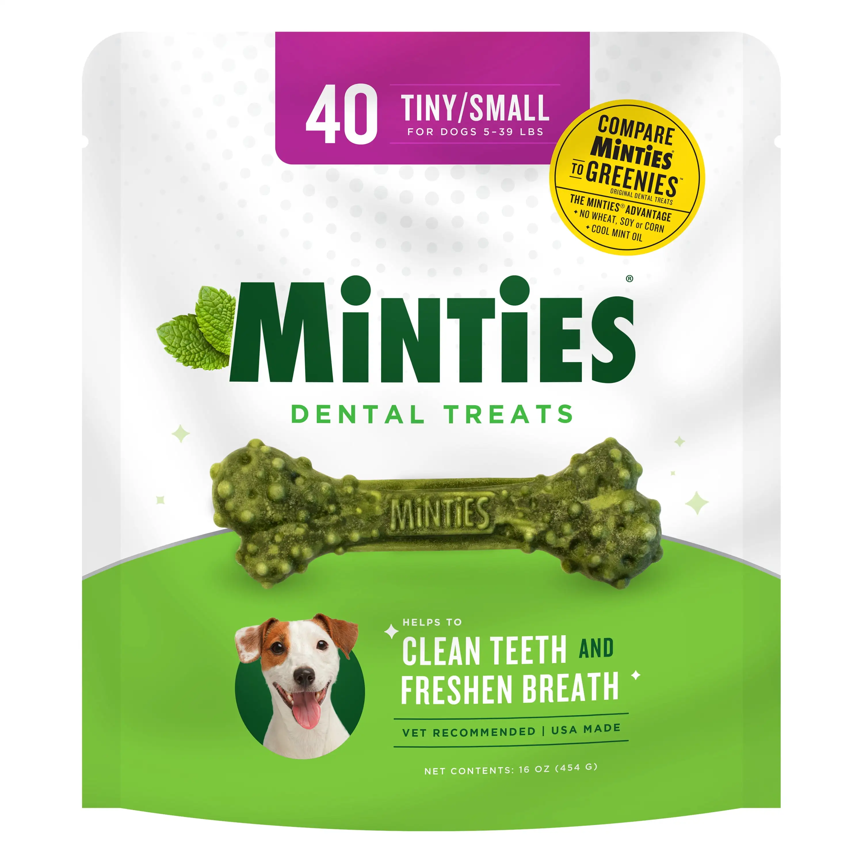 Minties Dental Bone Treats. Chews for Tiny/Small Dogs 5-39 lbs. 40 Count. 16 oz. Shelf-Stable