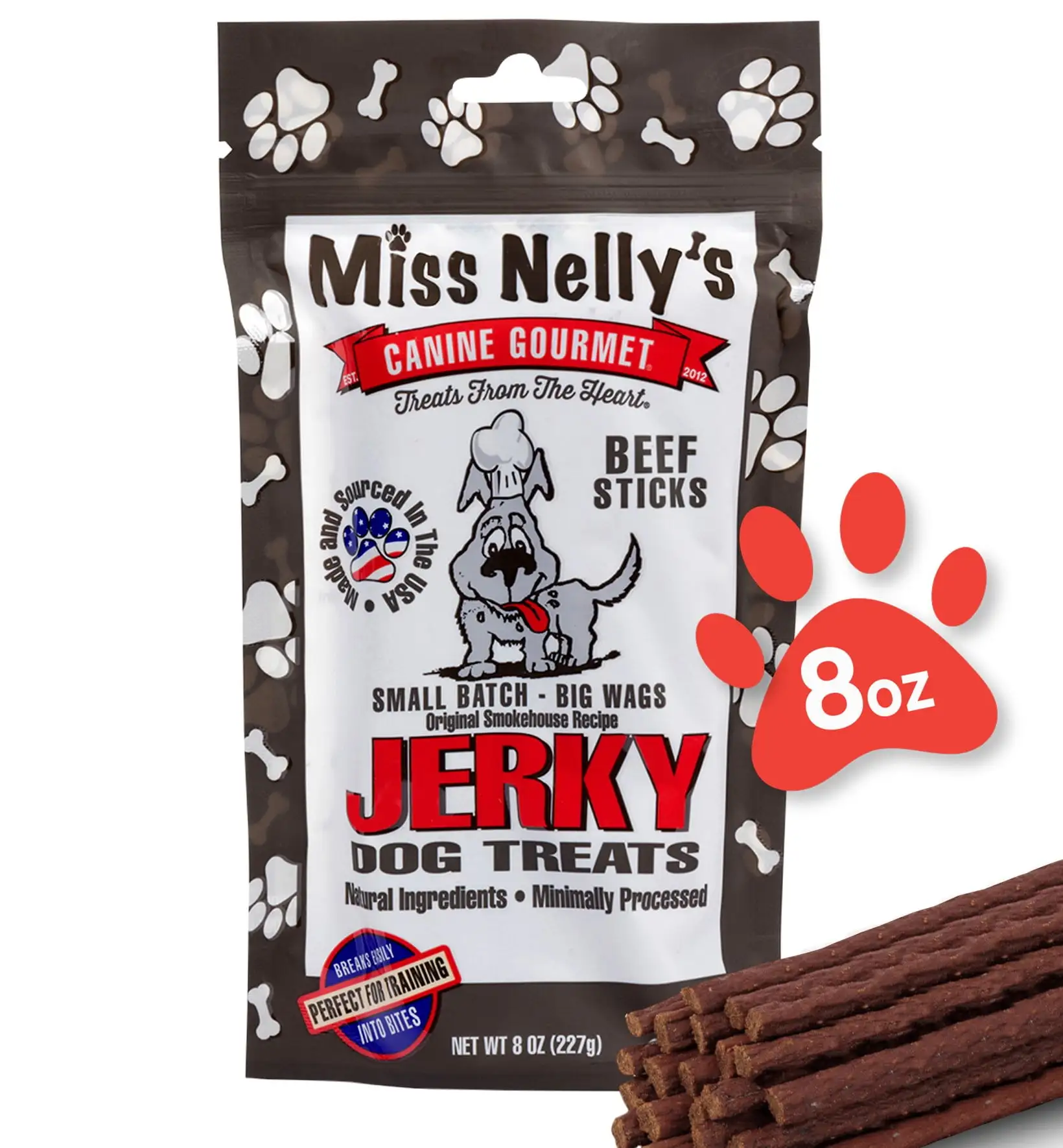 Miss Nelly's Canine Gourmet - Beef Dog Jerky Treats - USA Made and Sourced - Original Smoke House Recipe - Small Batch - Clean Natural Ingredients - Minimally Processed - 8 ounce Bag