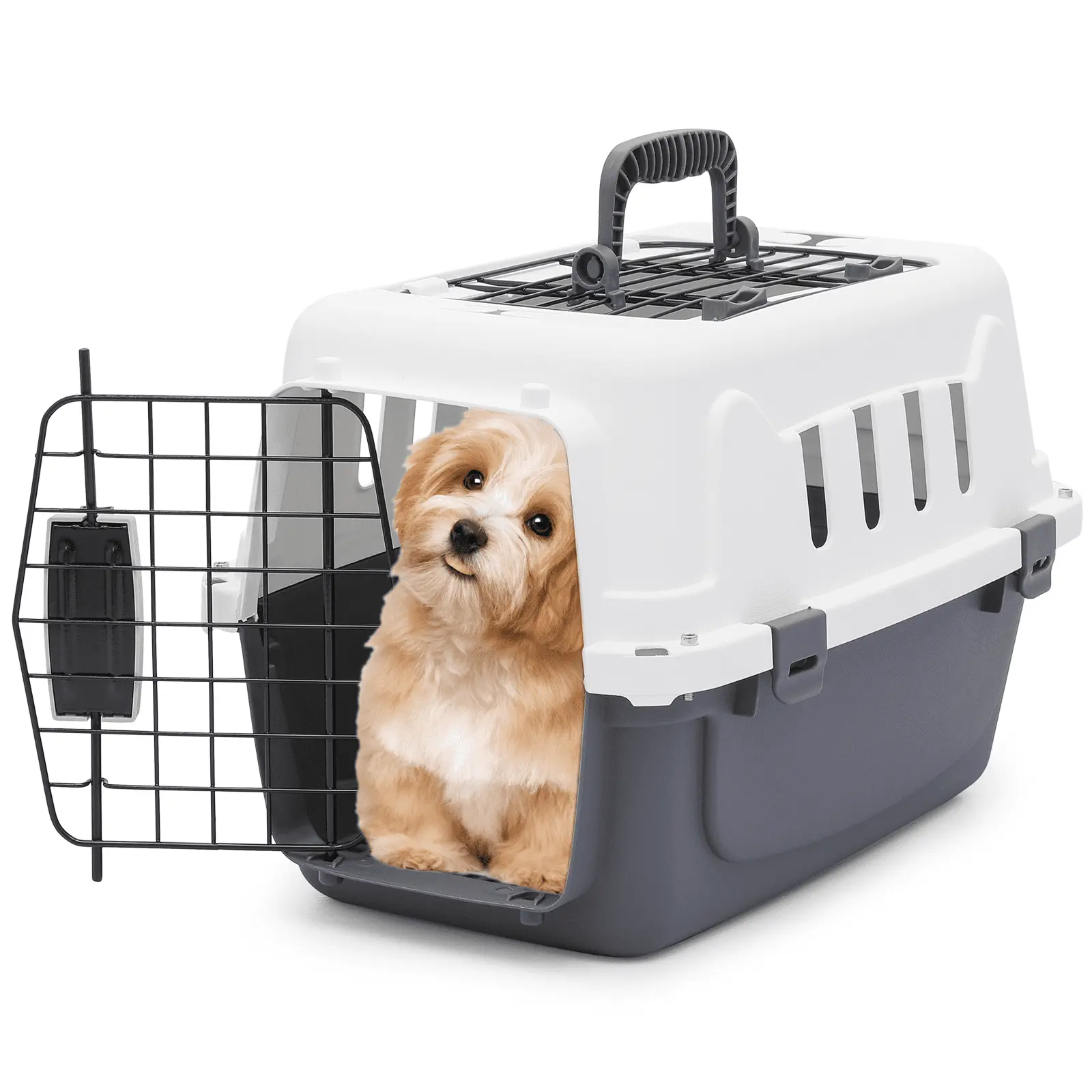 MoNiBloom 18 Pet Travel Carrier. Portable Dog Travel Kennel Handbag Cage Transport Box with Handle and 2 Doors. Airline Approved. White/Grey