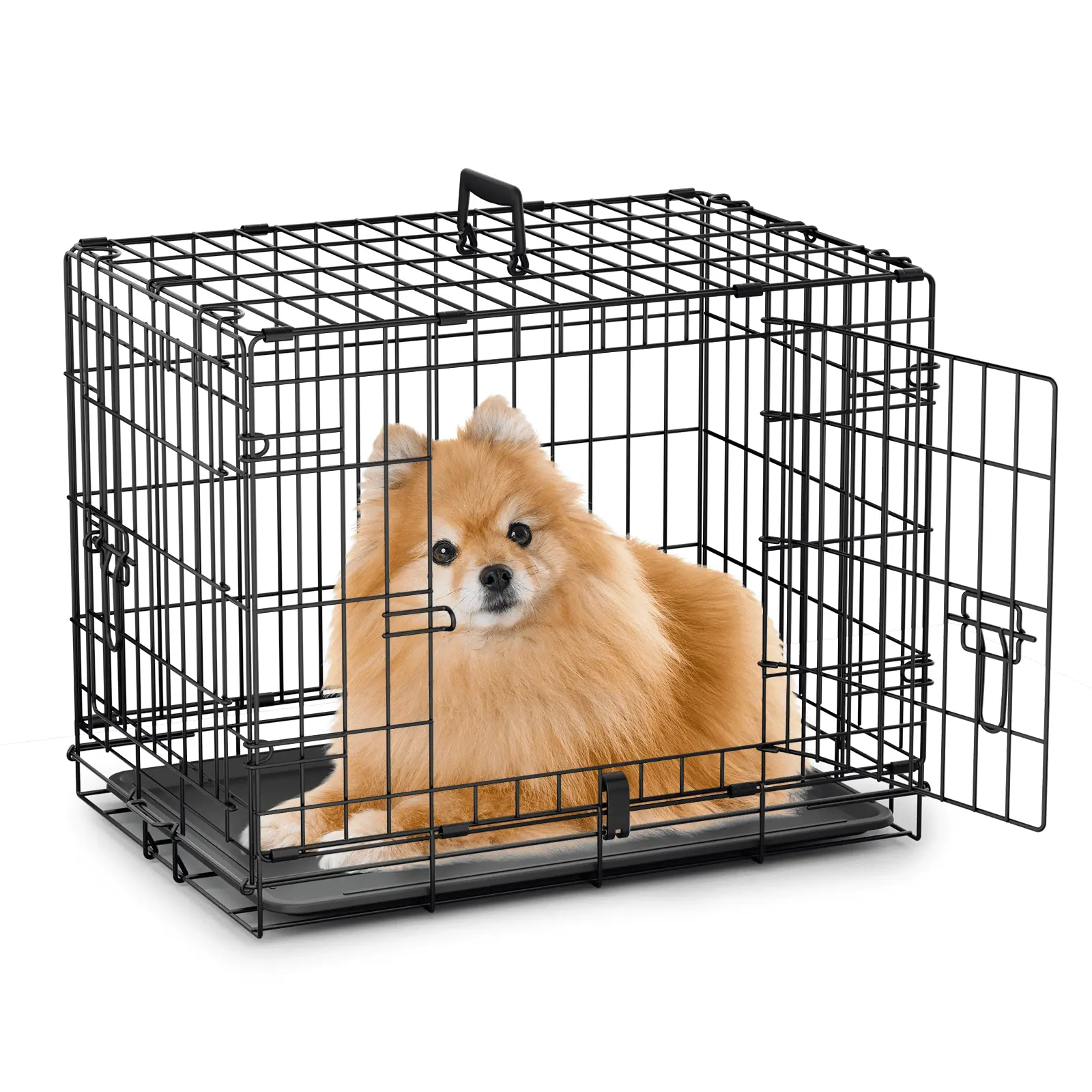 MoNiBloom 24 Metal Small Dog Crate Double-Door w/Slide-out Tray. Foldable Pet Animal Segregation Cage Crate w/Removable Handle. Black