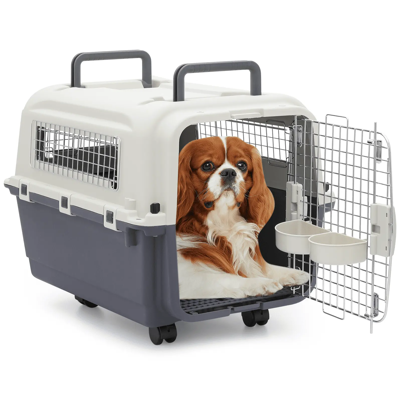 MoNiBloom 27 Pet Carrier Breathable Cage Tote Transport Box Dog Travel Kennel with Bowls & Wheels for Cats Kitten. Airline Approved. White/Grey