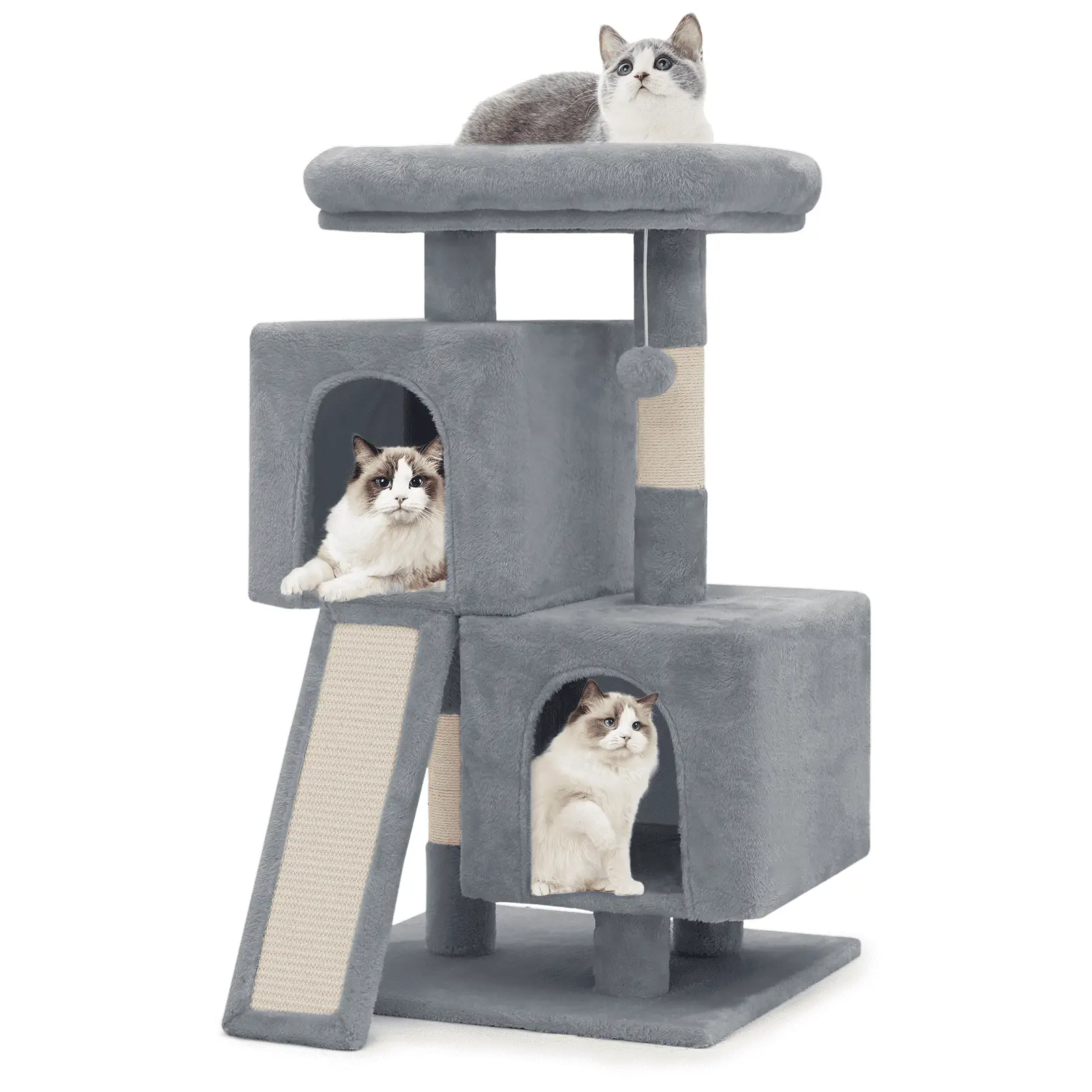 MoNiBloom 34 Cat Tree. Small Cat Playing House with Dangling Ball. Ramp and Cat Perch. Light Gray