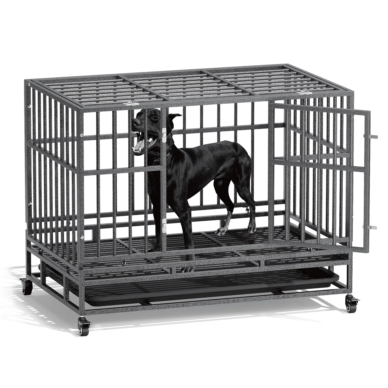 MoNiBloom 37 Alloy Steel Double Doors Heavy Duty Indestructible Dog Crate w/Removable Tray. High Anxiety Cage Kennel for Outdoor and Indoor w/Wheels. Medium. Dark Silver